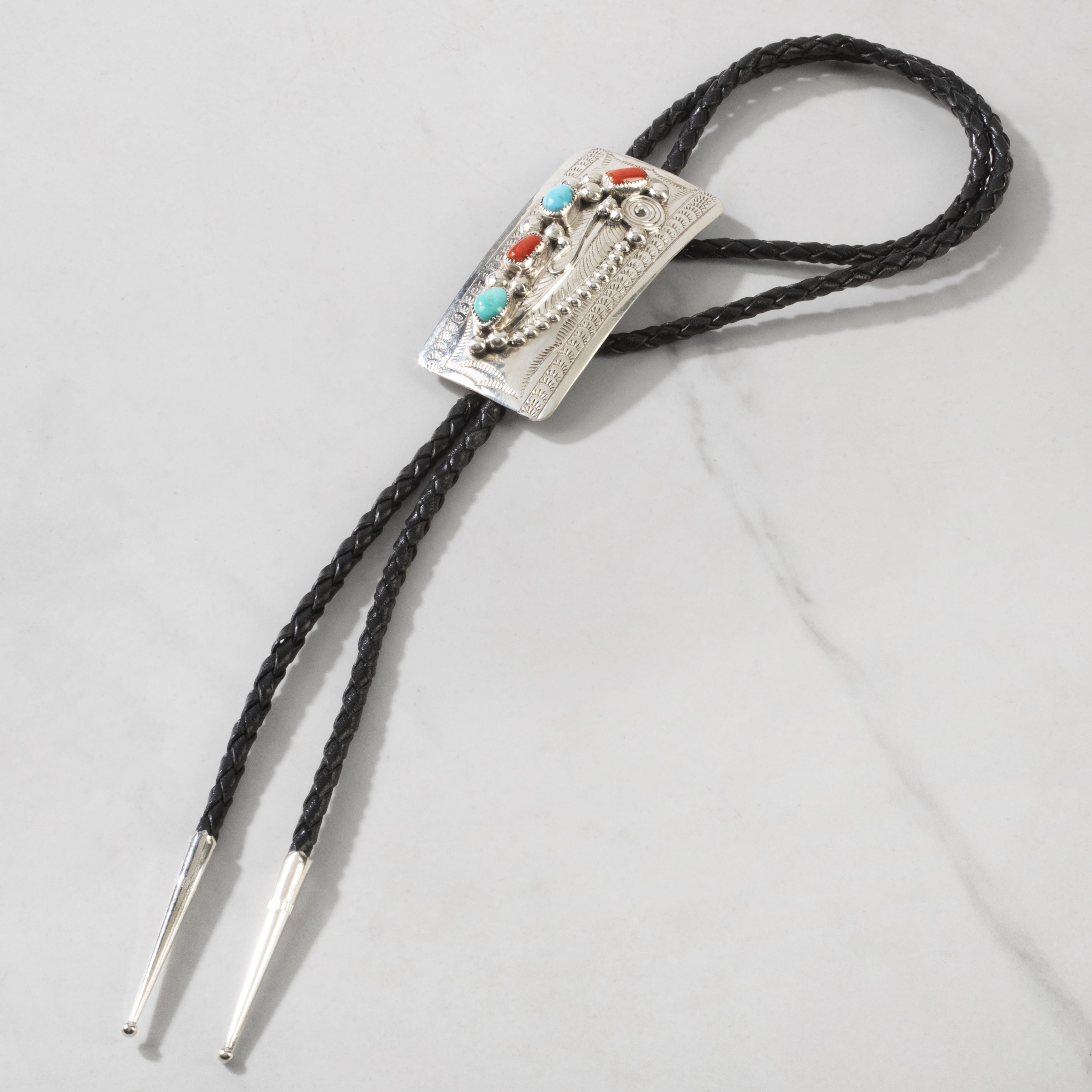 Kalifano Native American Jewelry Wilbert Musket Kingman Tuquoise & Coral Navajo USA Native American Made 925 Sterling Silver Bolo Tie NABT1250.003