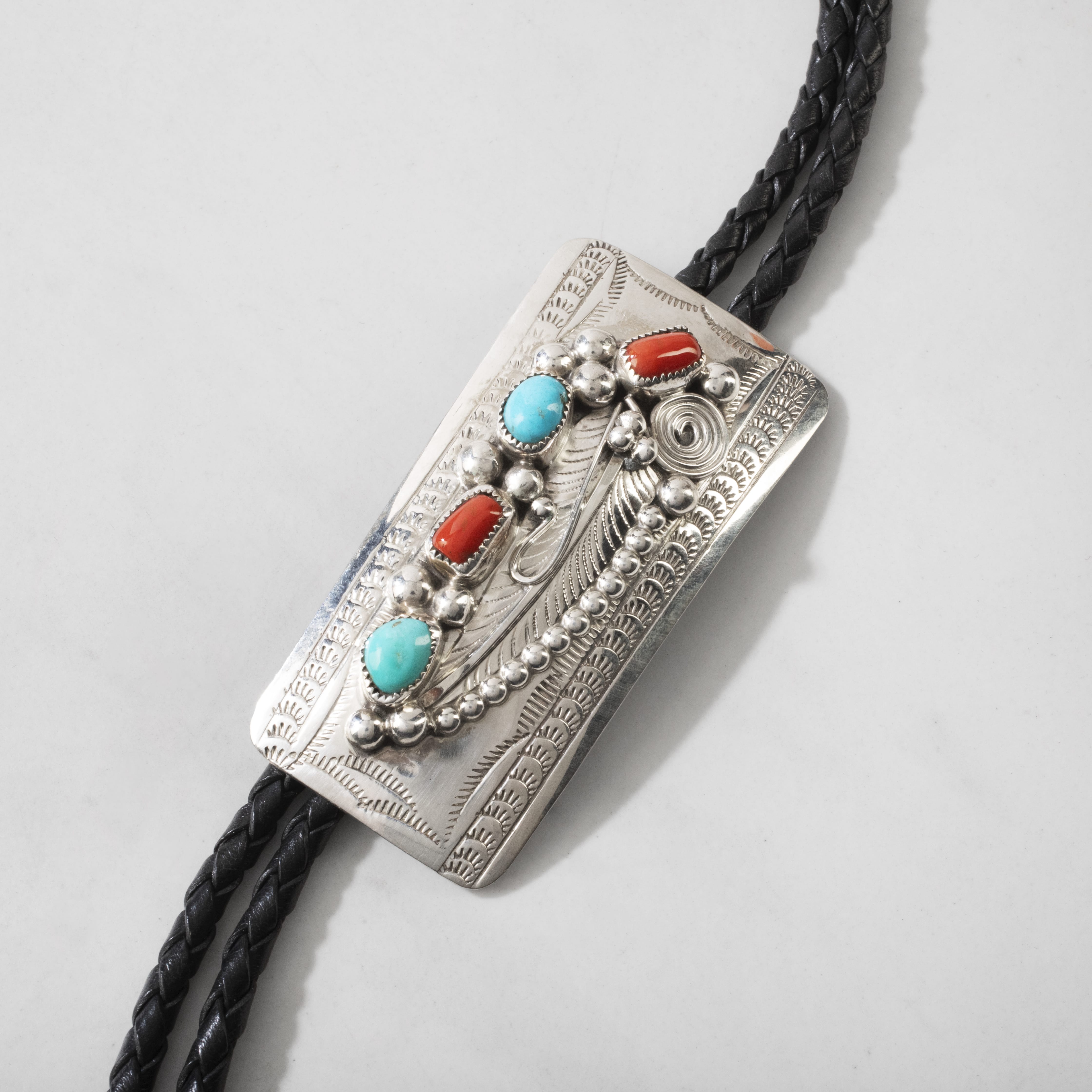 Kalifano Native American Jewelry Wilbert Musket Kingman Tuquoise & Coral Navajo USA Native American Made 925 Sterling Silver Bolo Tie NABT1250.003