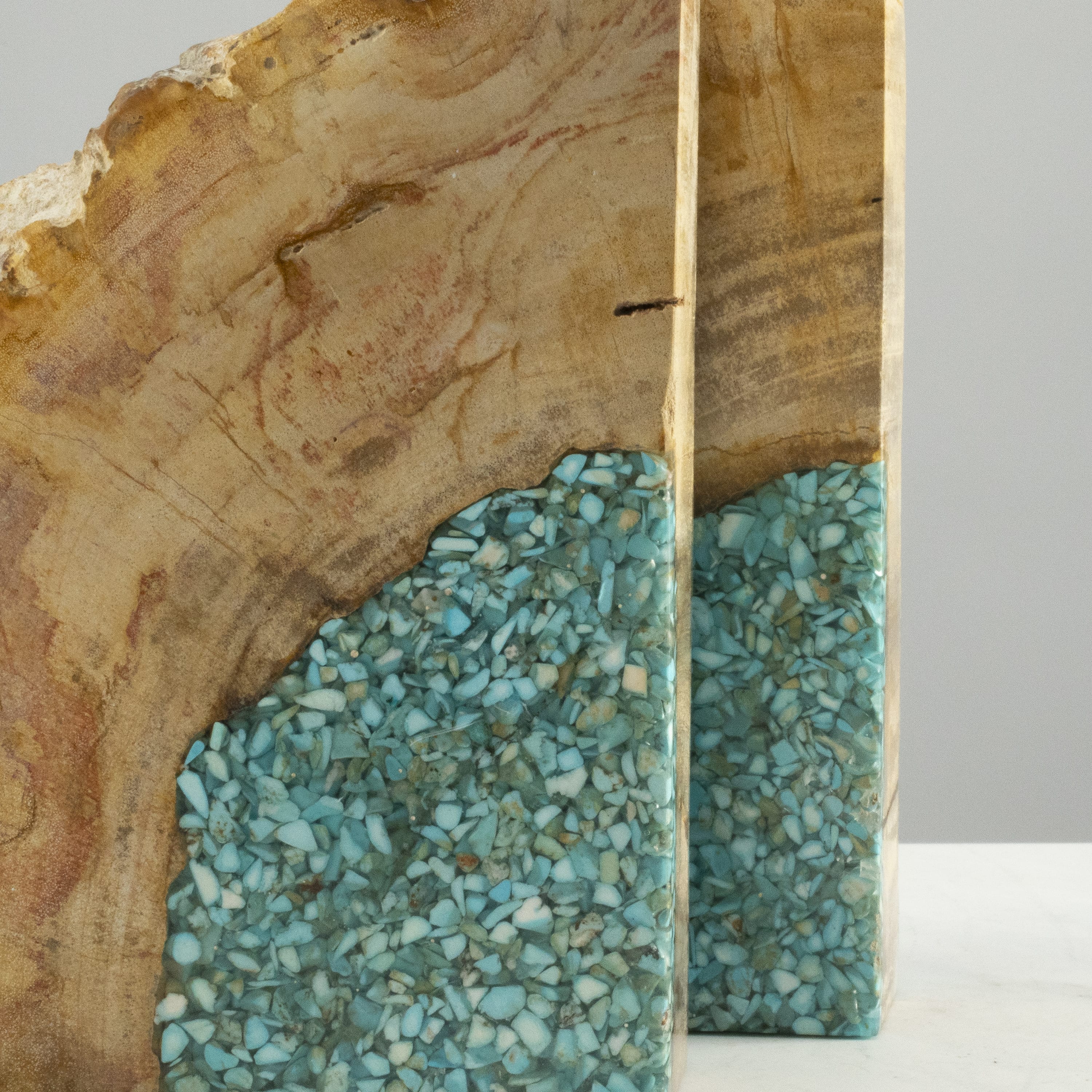 Kalifano Petrified Wood 10" Brown Petrified Wood Bookend Pair with Turquoise Inlay PWB250-BNTQ