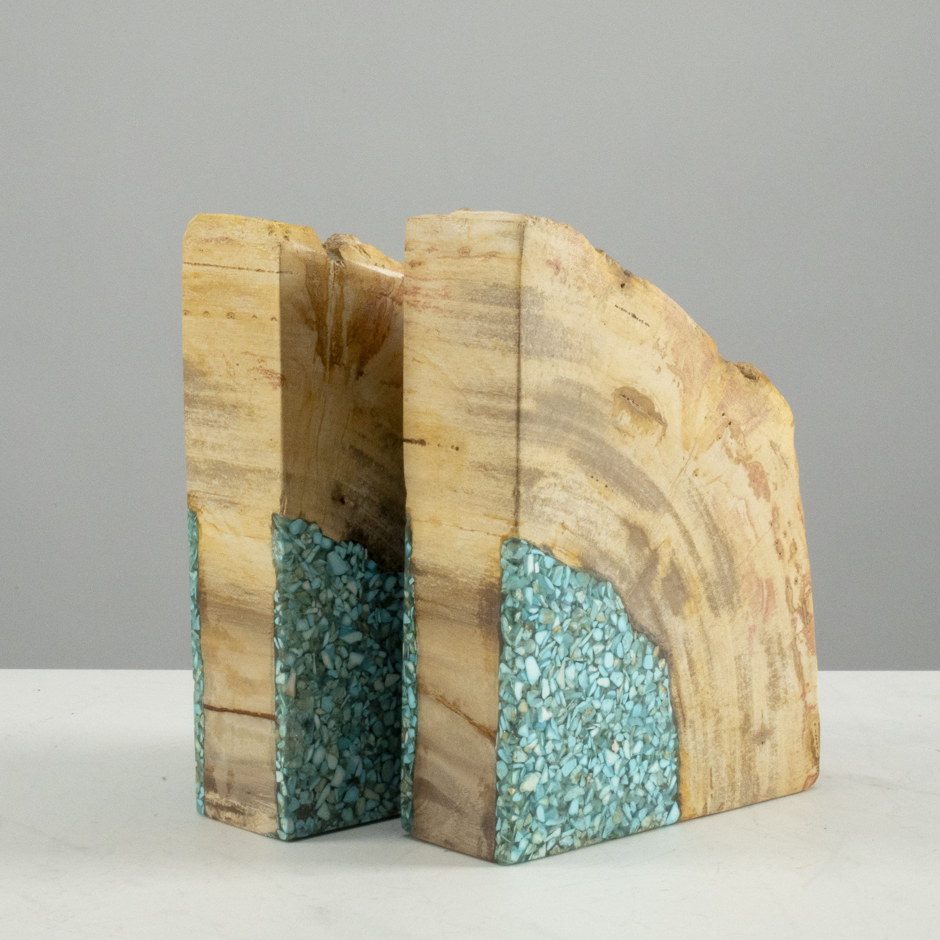 Kalifano Petrified Wood 10" Brown Petrified Wood Bookend Pair with Turquoise Inlay PWB250-BNTQ