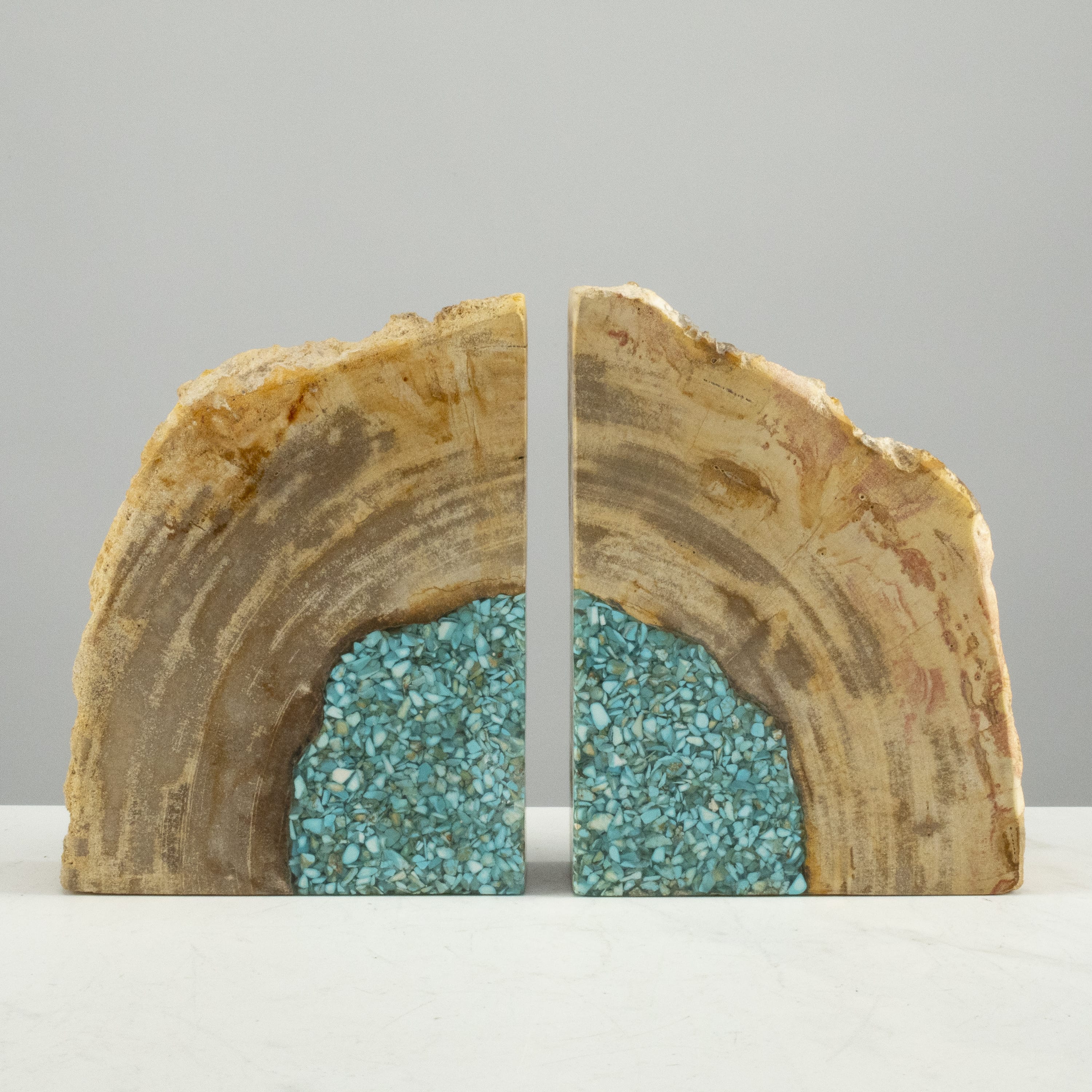 Kalifano Petrified Wood 10" Brown Petrified Wood Bookend Pair with Turquoise Inlay PWB250-BNTQ