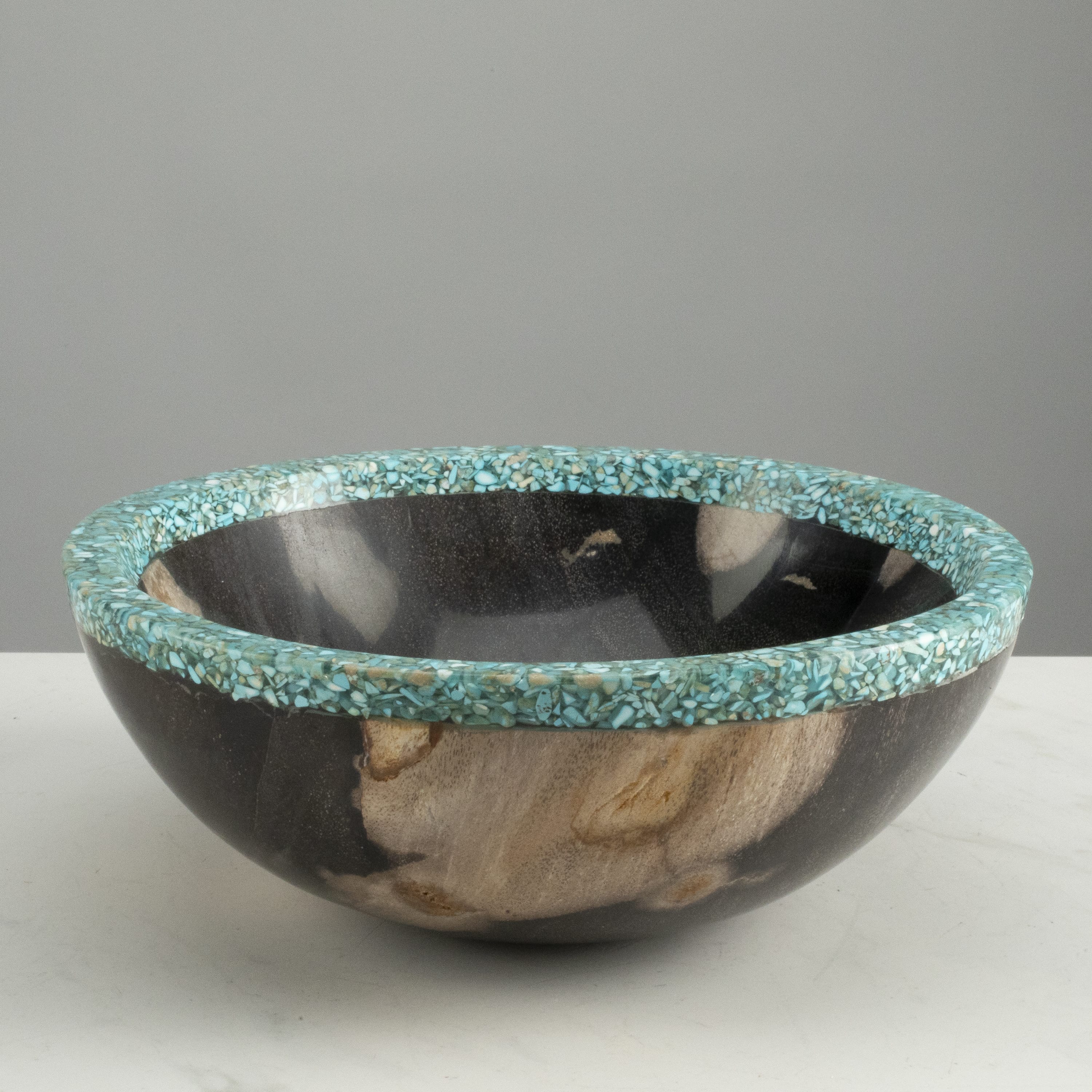 Kalifano Petrified Wood 9" Black Small Petrified Wood Bowl with Turquoise Inlay PWBO500-BKTQ