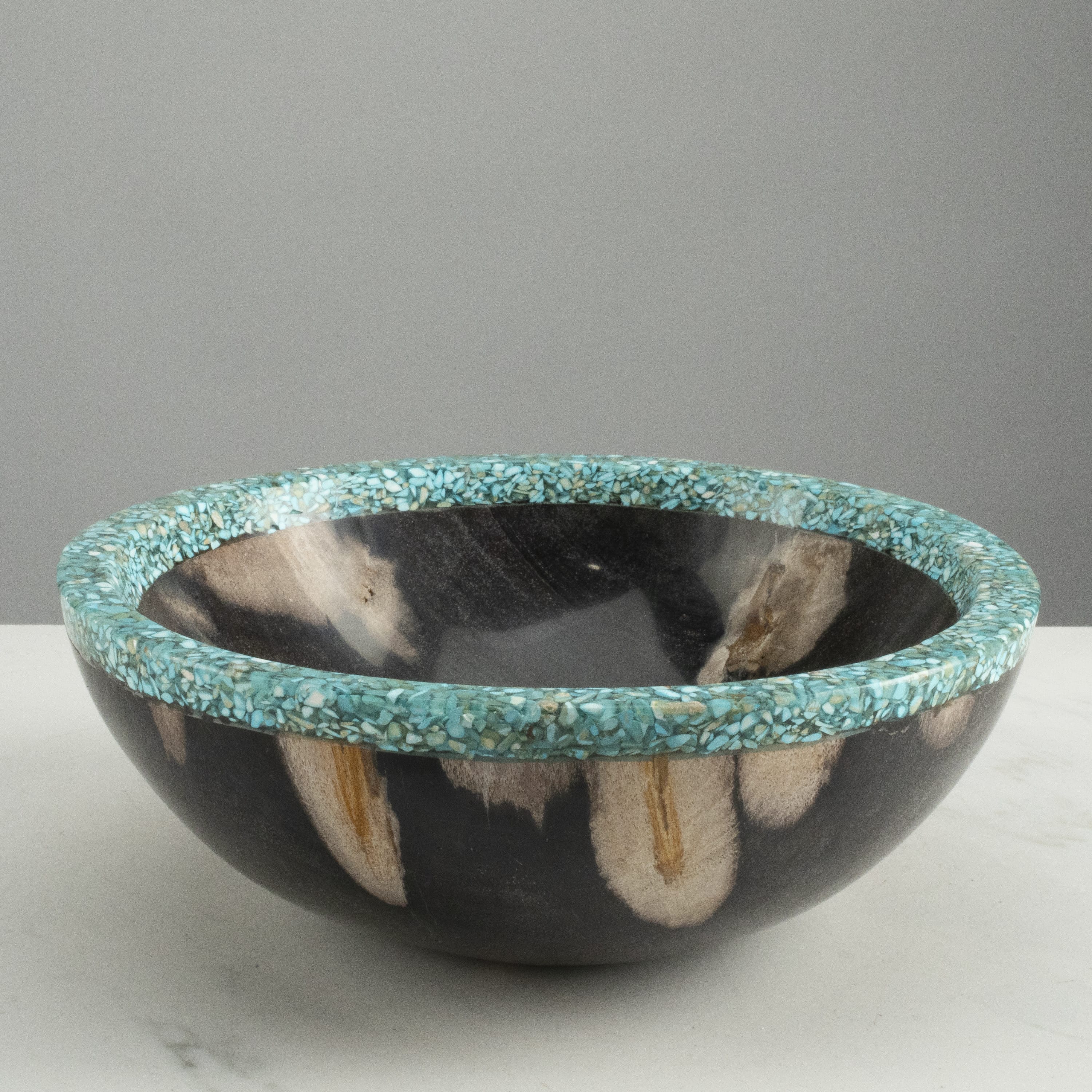 Kalifano Petrified Wood 9" Black Small Petrified Wood Bowl with Turquoise Inlay PWBO500-BKTQ