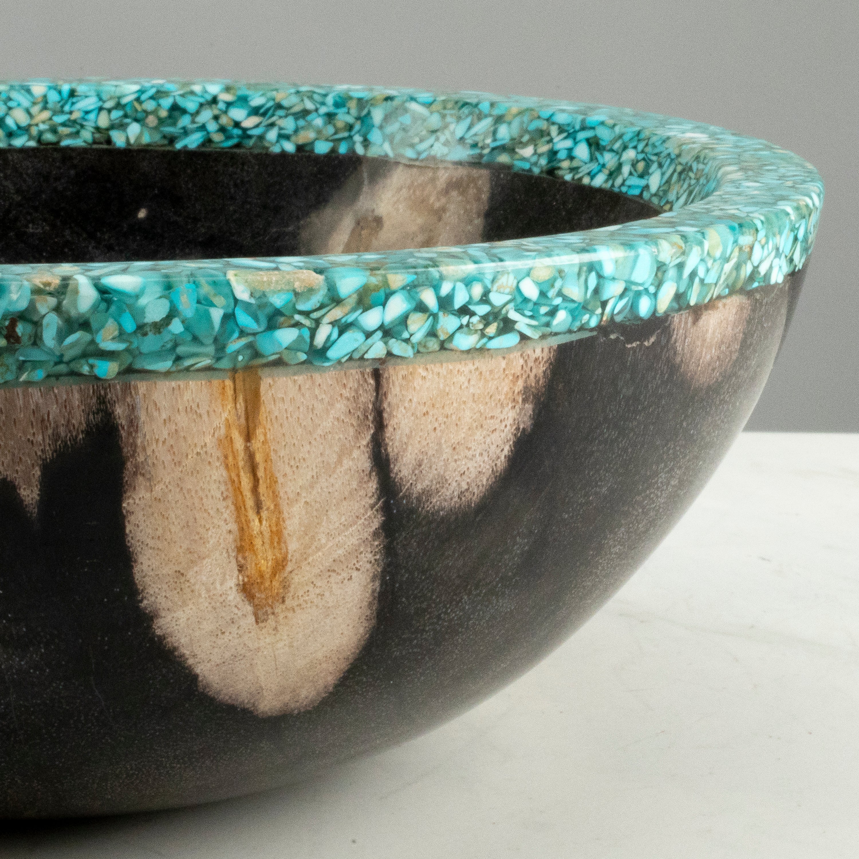 Kalifano Petrified Wood 9" Black Small Petrified Wood Bowl with Turquoise Inlay PWBO500-BKTQ