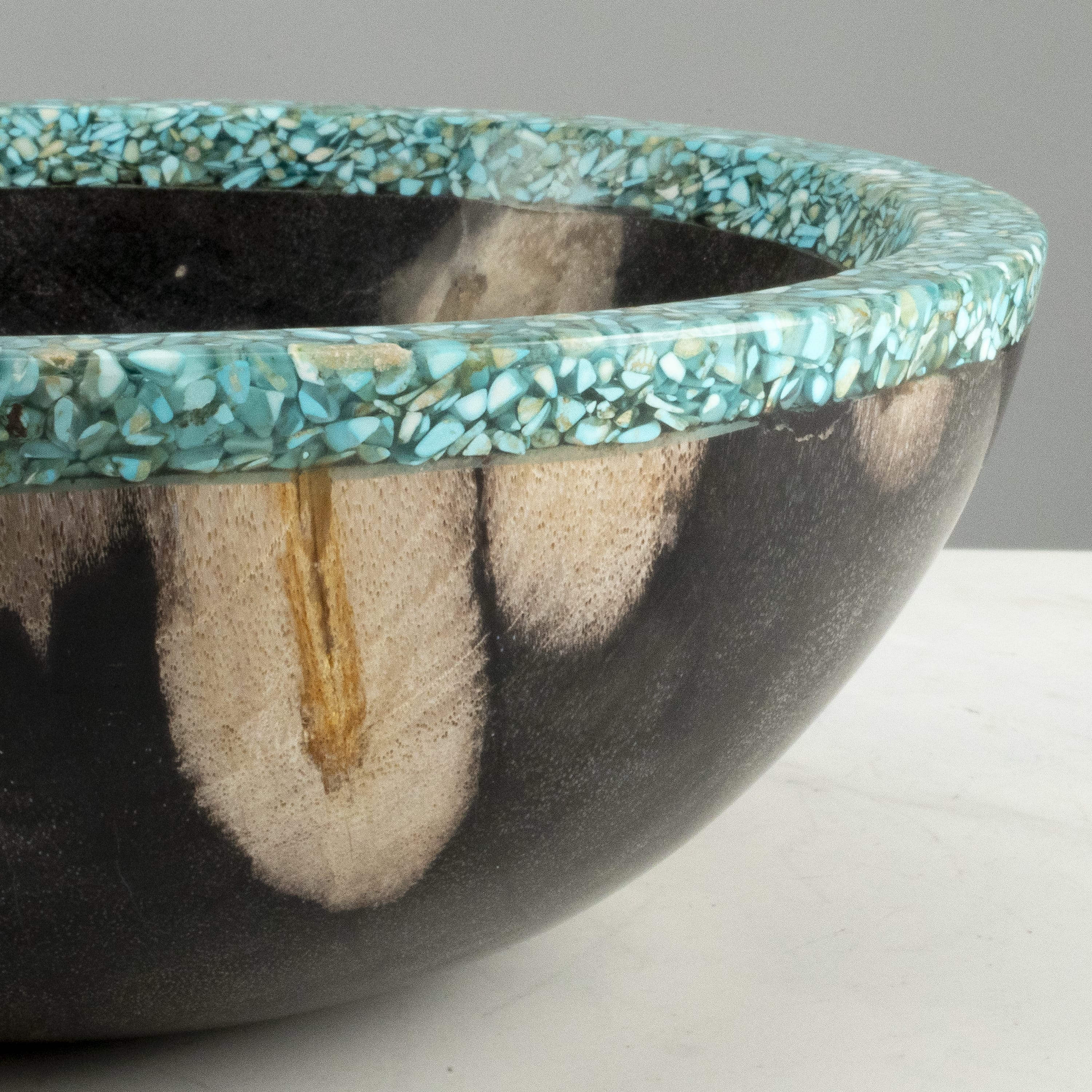 Kalifano Petrified Wood 9" Black Small Petrified Wood Bowl with Turquoise Inlay PWBO500-BKTQ