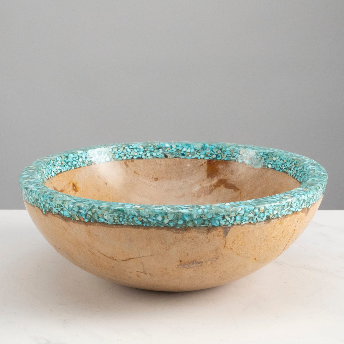 Kalifano Petrified Wood 9" Brown Small Petrified Wood Bowl with Turquoise Inlay PWBO500-BNTQ