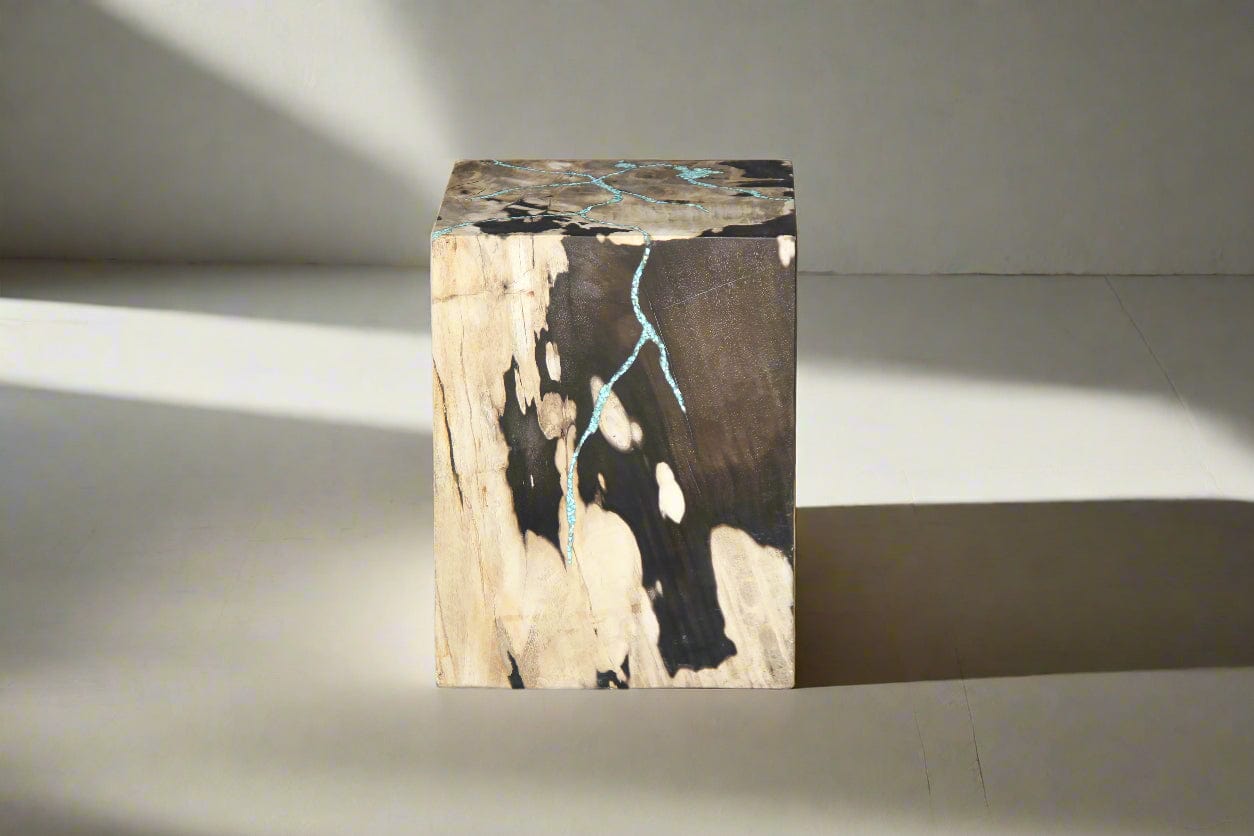 Kalifano Petrified Wood Petrified Wood Square Stump Howlite Turquoise Inlayed 12" / 167 lbs PWSSTQ4600.002