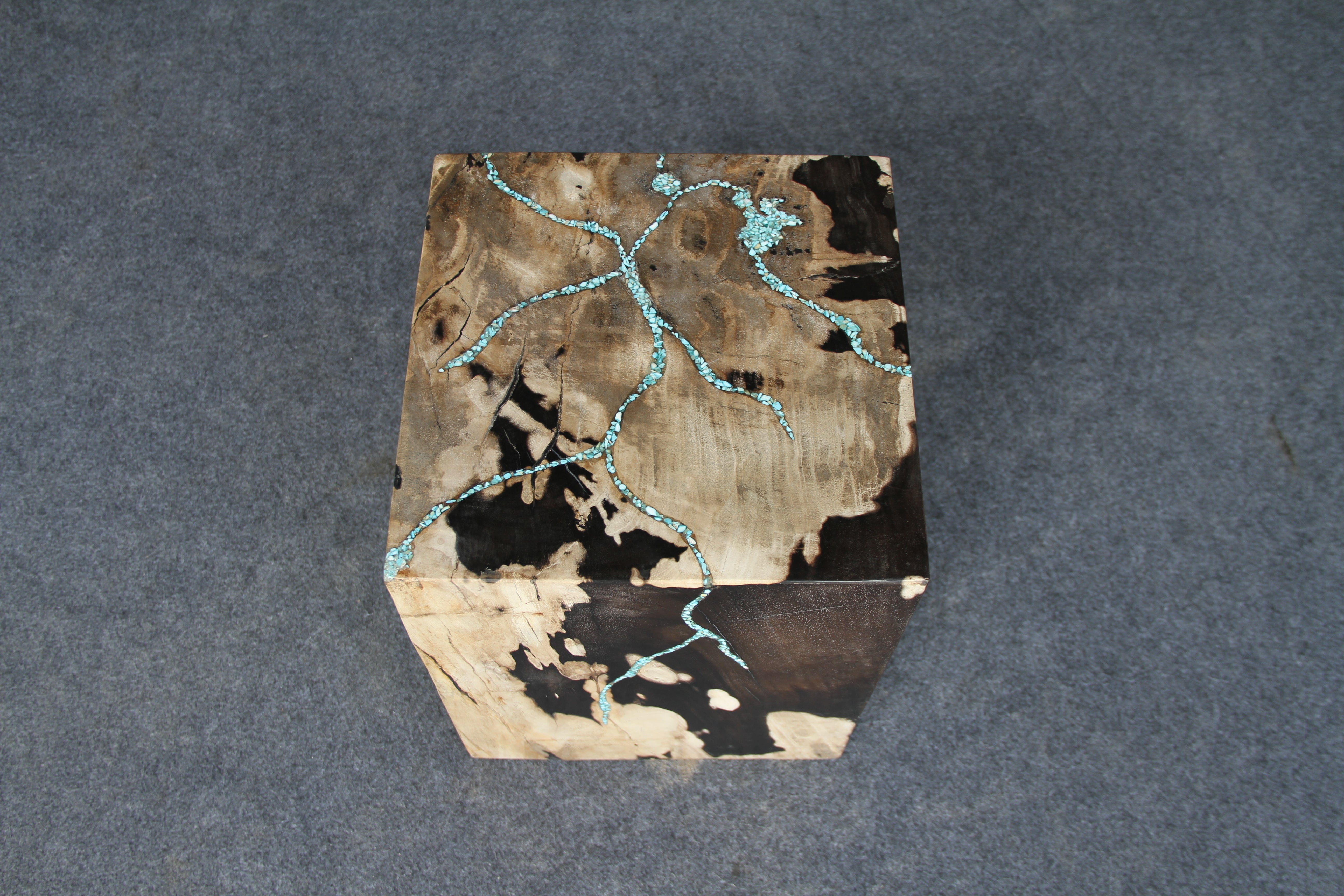 Kalifano Petrified Wood Petrified Wood Square Stump Howlite Turquoise Inlayed 12" / 167 lbs PWSSTQ4600.002