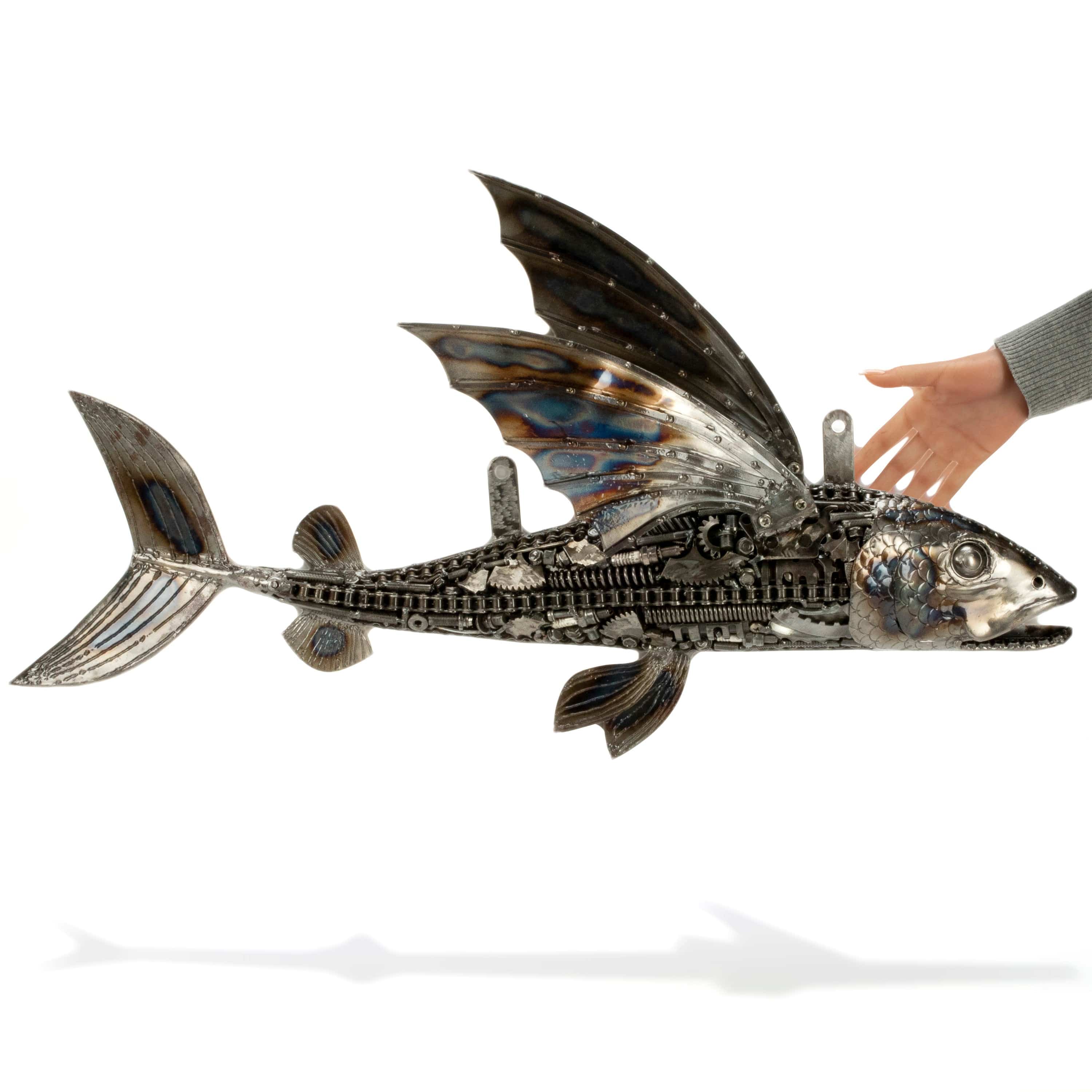 KALIFANO Recycled Metal Art 35" Flying Fish (Left) Inspired Recycled Metal Art Sculpture RMS-FFL88x55-PK