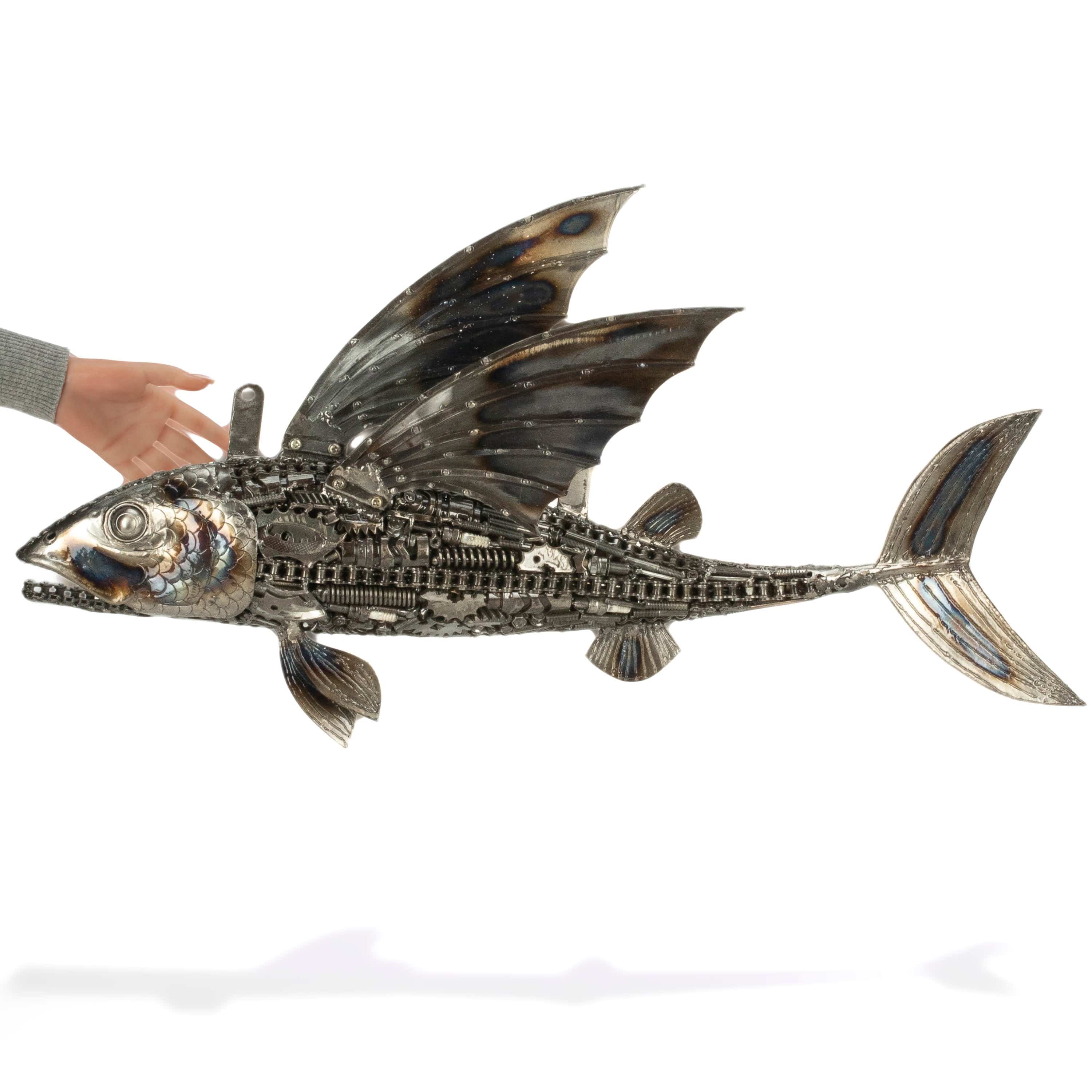 KALIFANO Recycled Metal Art 35" Flying Fish (Right) Inspired Recycled Metal Art Sculpture RMS-FFR88x55-PK