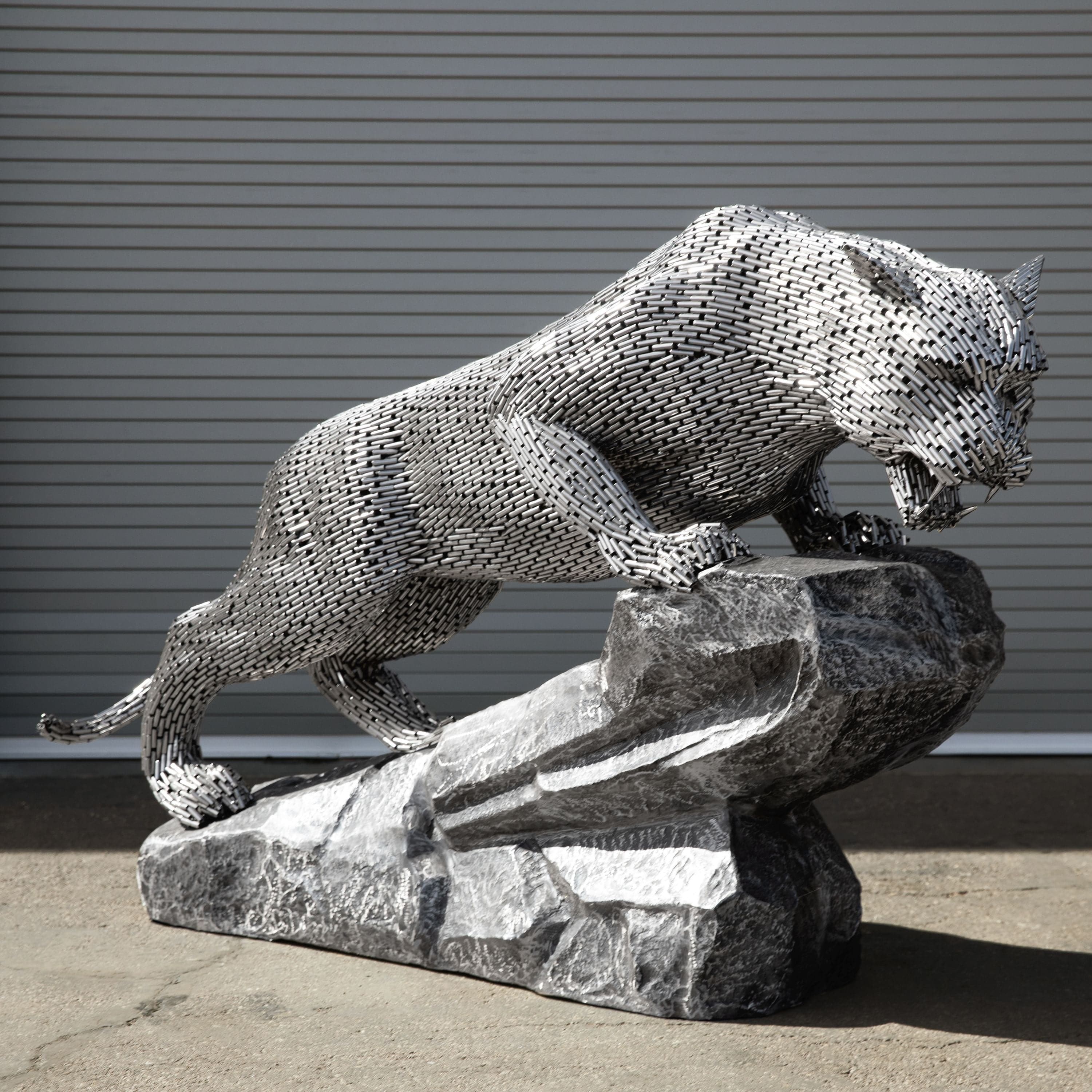 Kalifano Recycled Metal Art Pouncing Panther Stainless Steel Pipe Sculpture with Aluminum Base SSS-P212