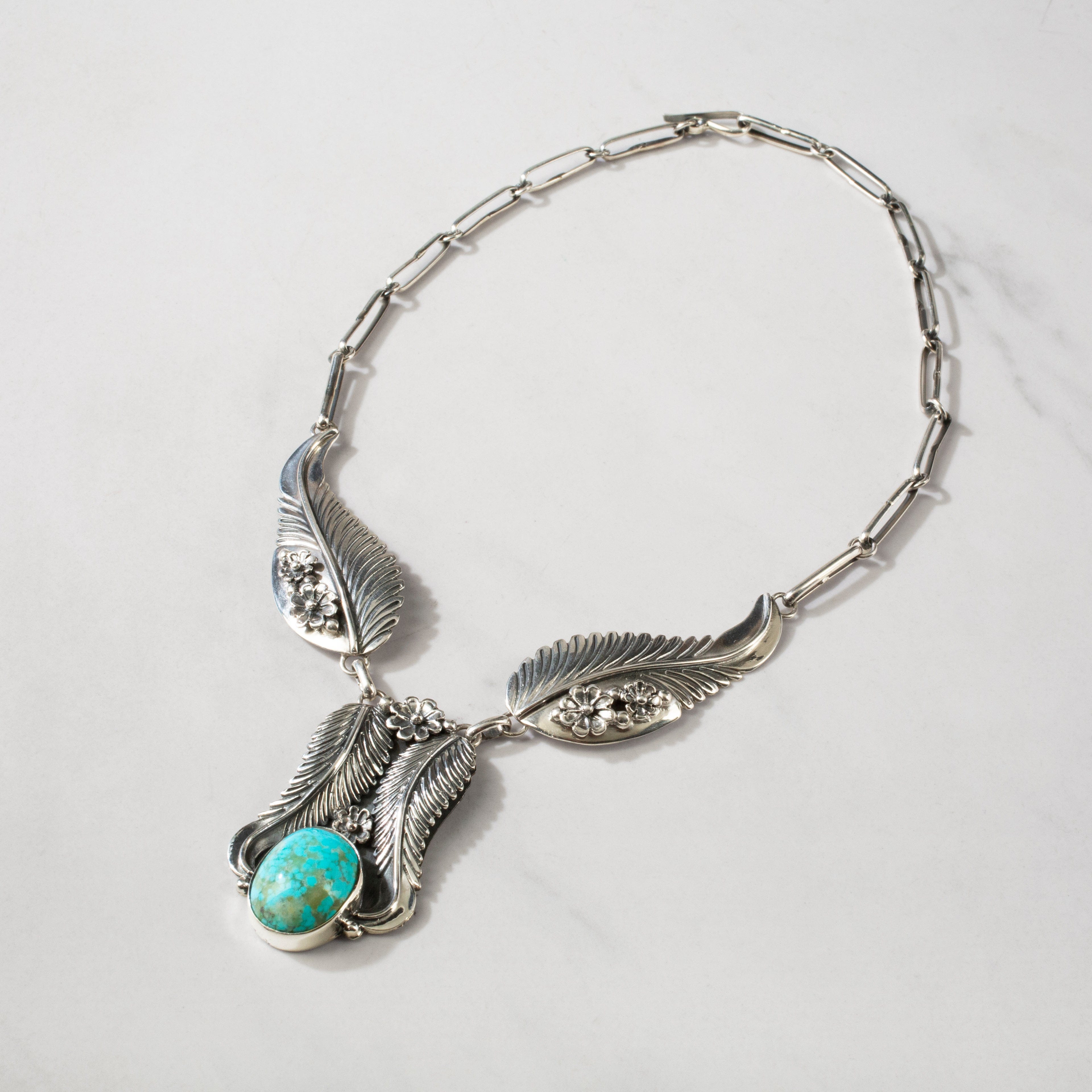 Kalifano Southwest Silver Jewelry 16" Kingman Turquoise Feather Handmade 925 Sterling Silver Chain Link Necklace NMN.0340.TQ