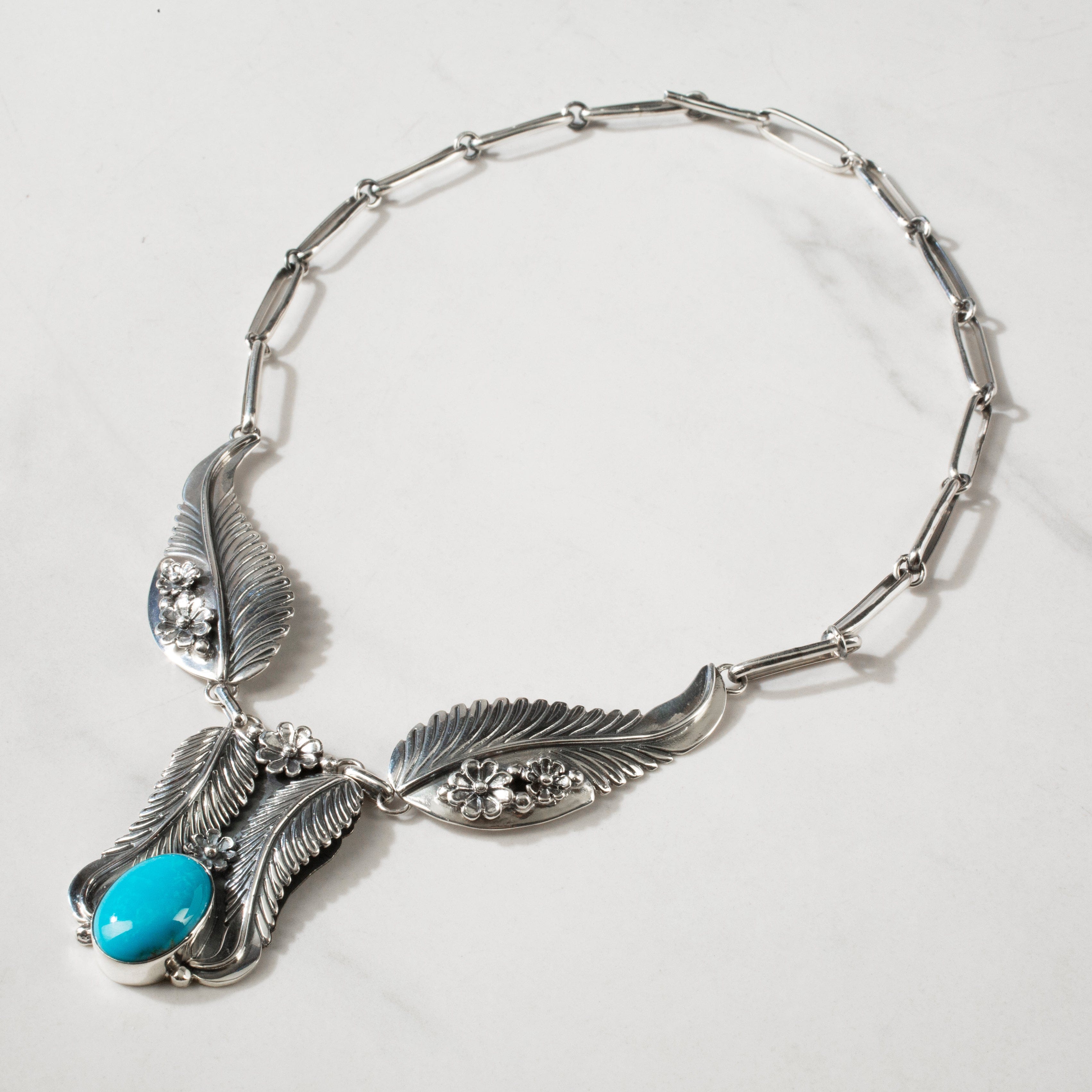 Kalifano Southwest Silver Jewelry 17.5" Kingman Turquoise Feather Handmade 925 Sterling Silver Chain Link Necklace NMN.0350.TQ