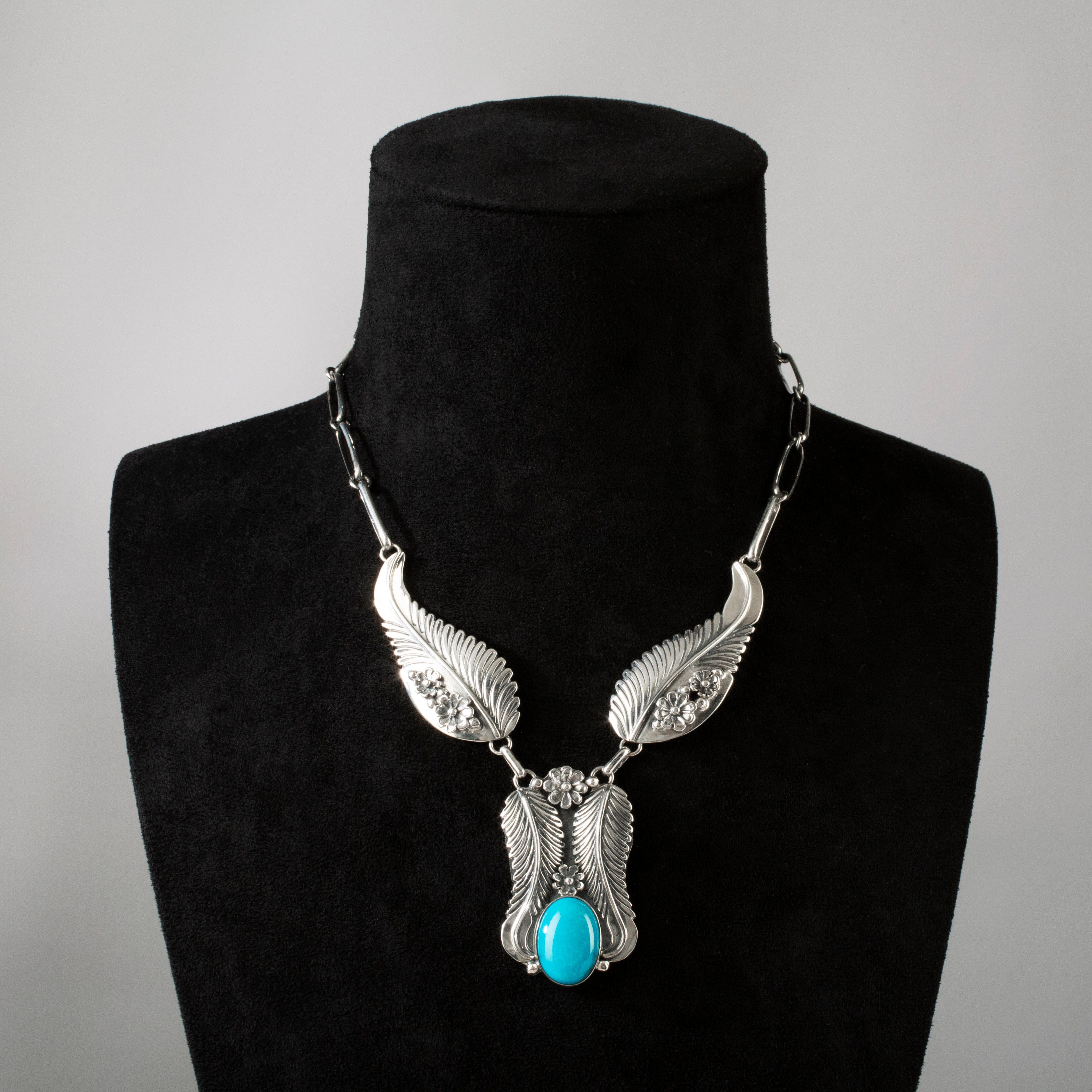 Kalifano Southwest Silver Jewelry 17.5" Kingman Turquoise Feather Handmade 925 Sterling Silver Chain Link Necklace NMN.0350.TQ