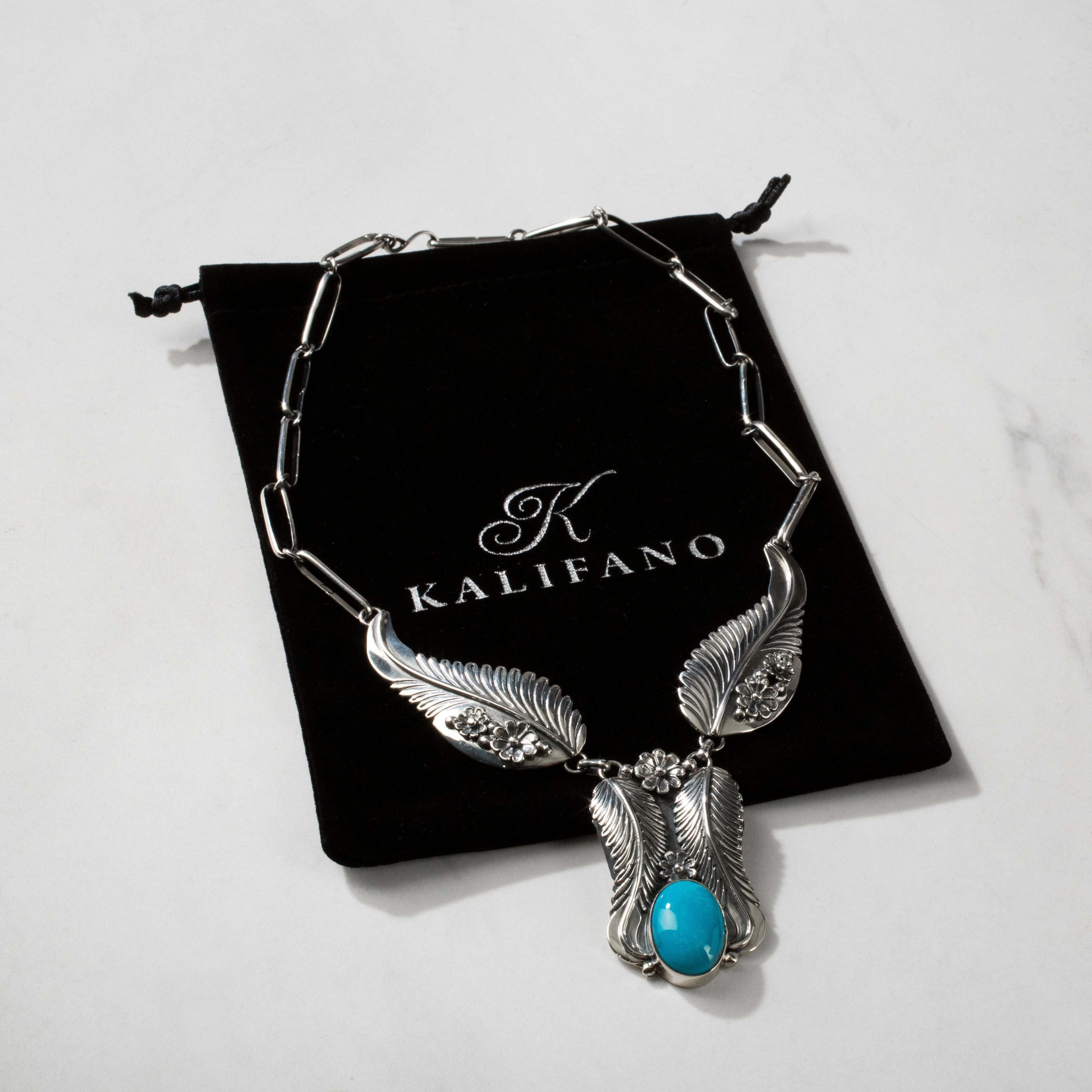 Kalifano Southwest Silver Jewelry 17.5" Kingman Turquoise Feather Handmade 925 Sterling Silver Chain Link Necklace NMN.0350.TQ