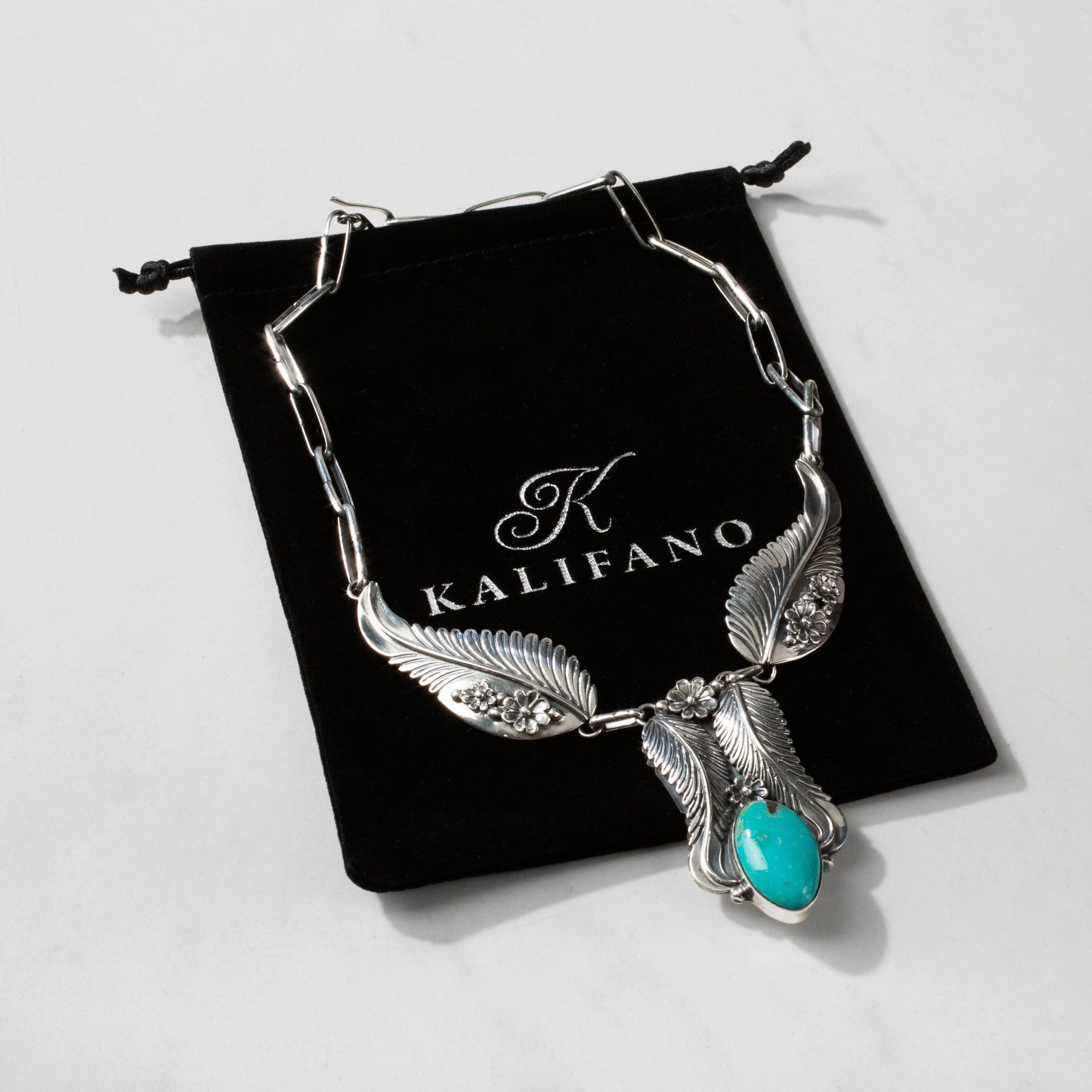 Kalifano Southwest Silver Jewelry 17" Kingman Turquoise Feather Handmade 925 Sterling Silver Chain Link Necklace NMN.0355.TQ