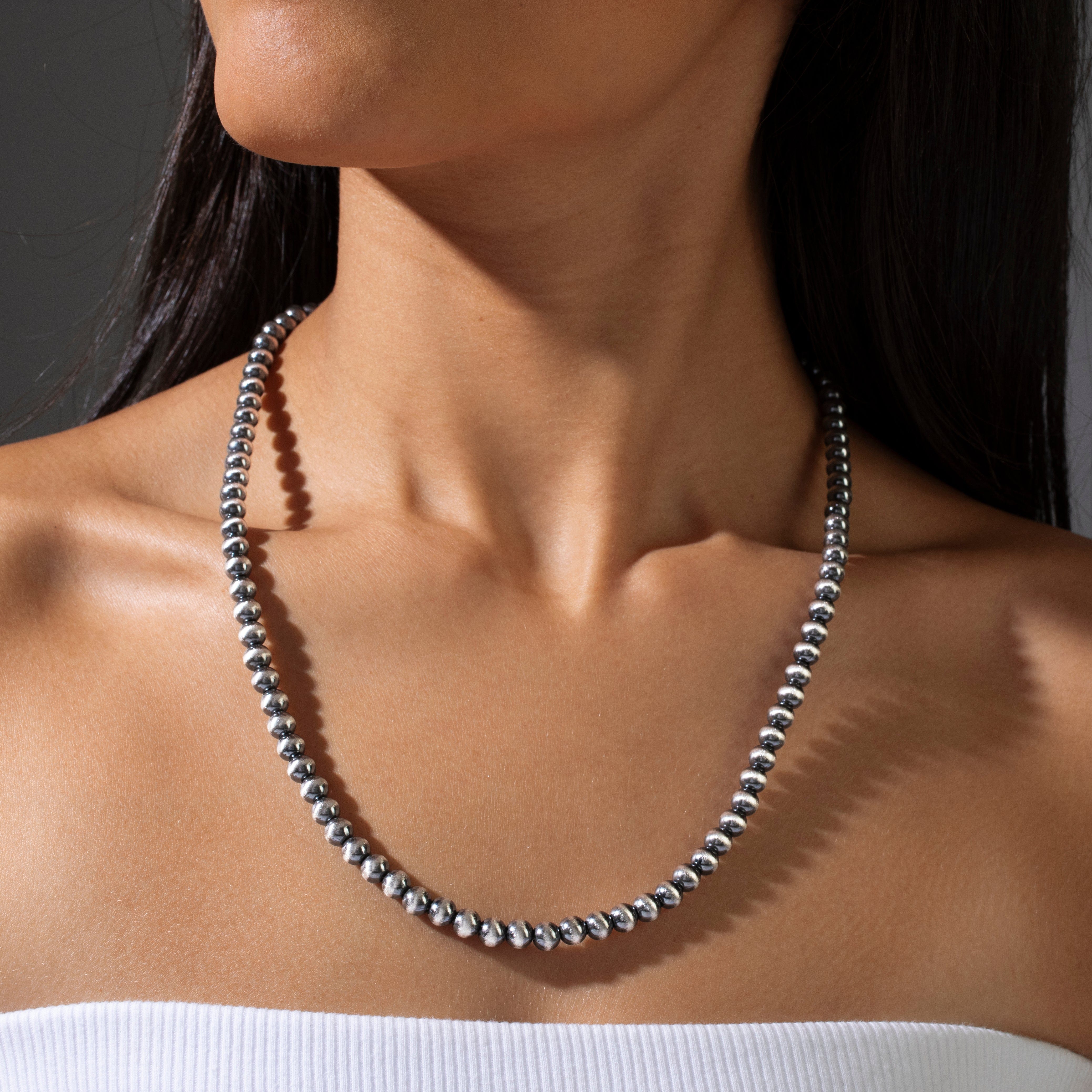 Kalifano Southwest Silver Jewelry 22" Single Strand 6mm Navajo Pearl USA Handmade 925 Sterling Silver Necklace NMN.0071.NP22