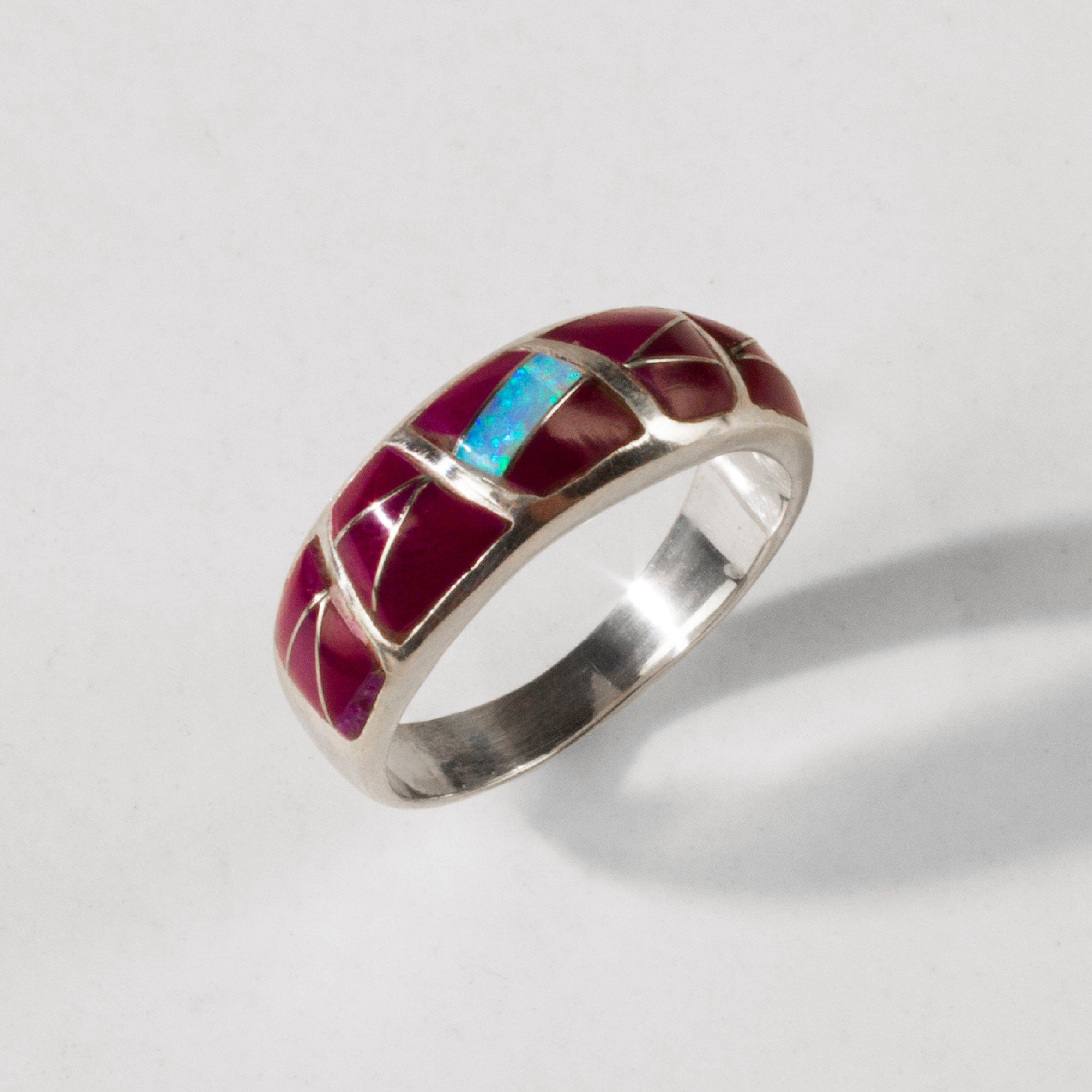 Kalifano Southwest Silver Jewelry 7 Sugilite 925 Sterling Silver USA Handmade Ring with Laboratory Opal Accent NMR.0709.SG.7