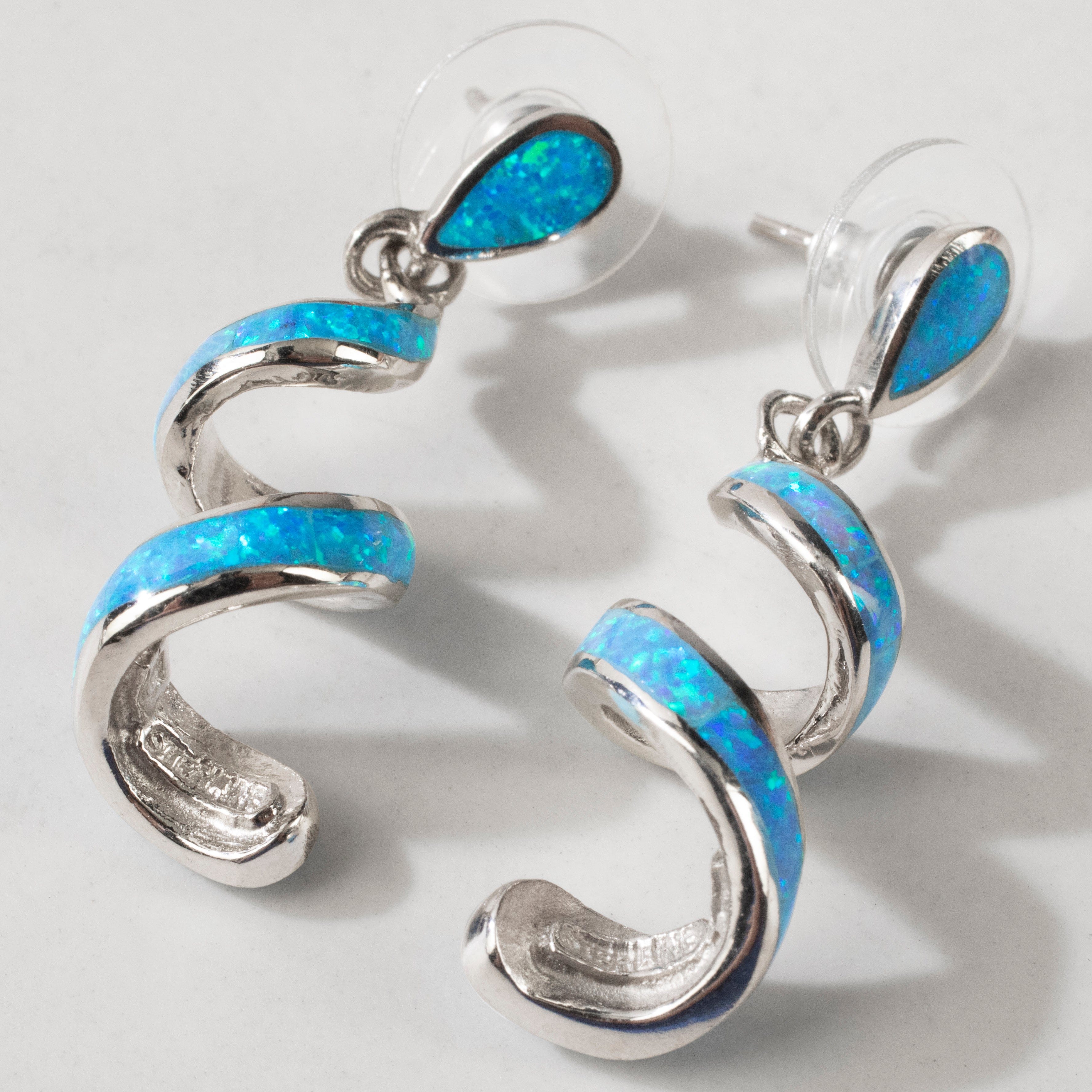 Kalifano Southwest Silver Jewelry Aqua Opal Spiral 925 Sterling Silver USA Handmade Earrings with Stud Backing NME.0416.AO