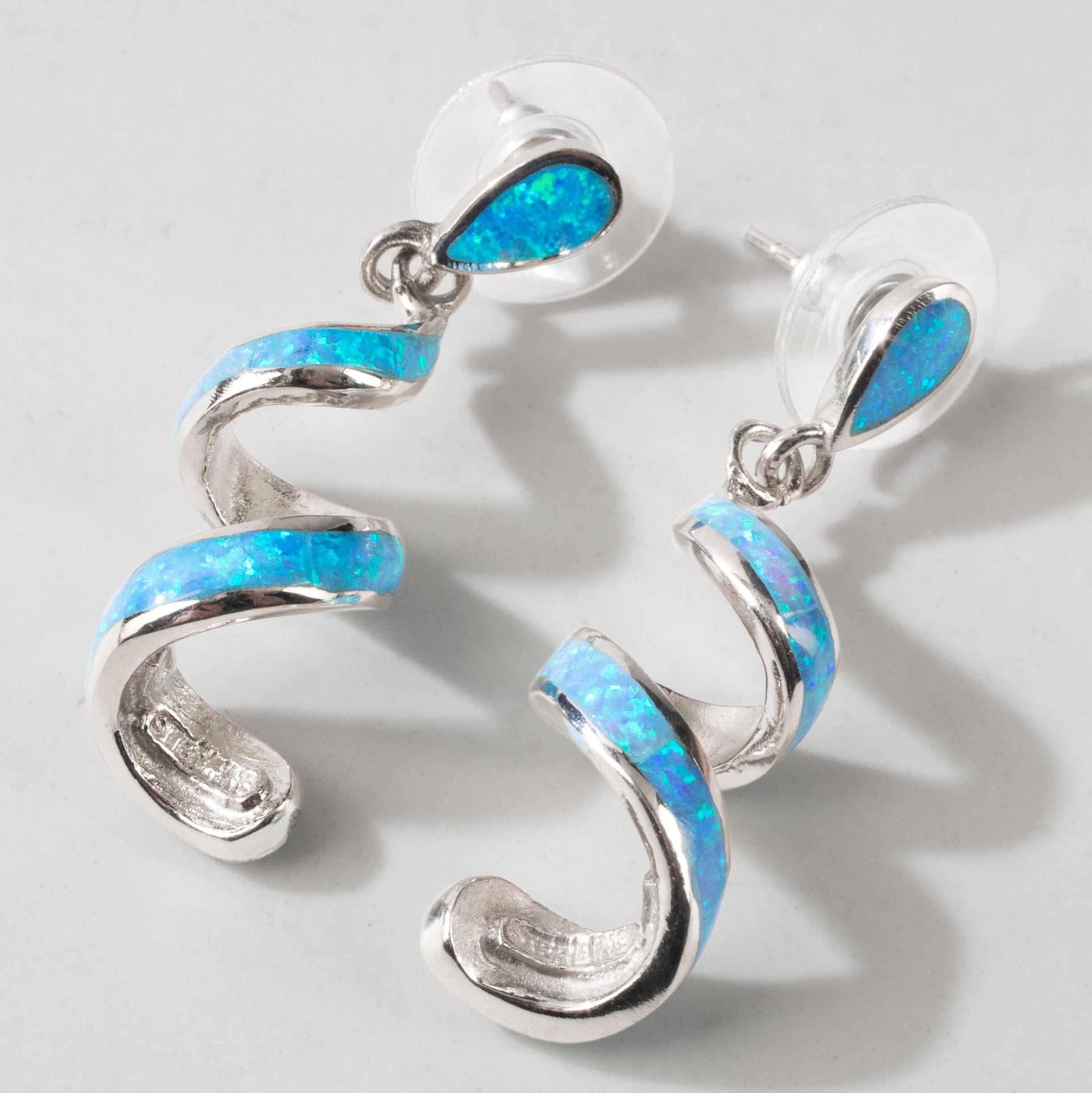 Kalifano Southwest Silver Jewelry Aqua Opal Spiral 925 Sterling Silver USA Handmade Earrings with Stud Backing NME.0416.AO
