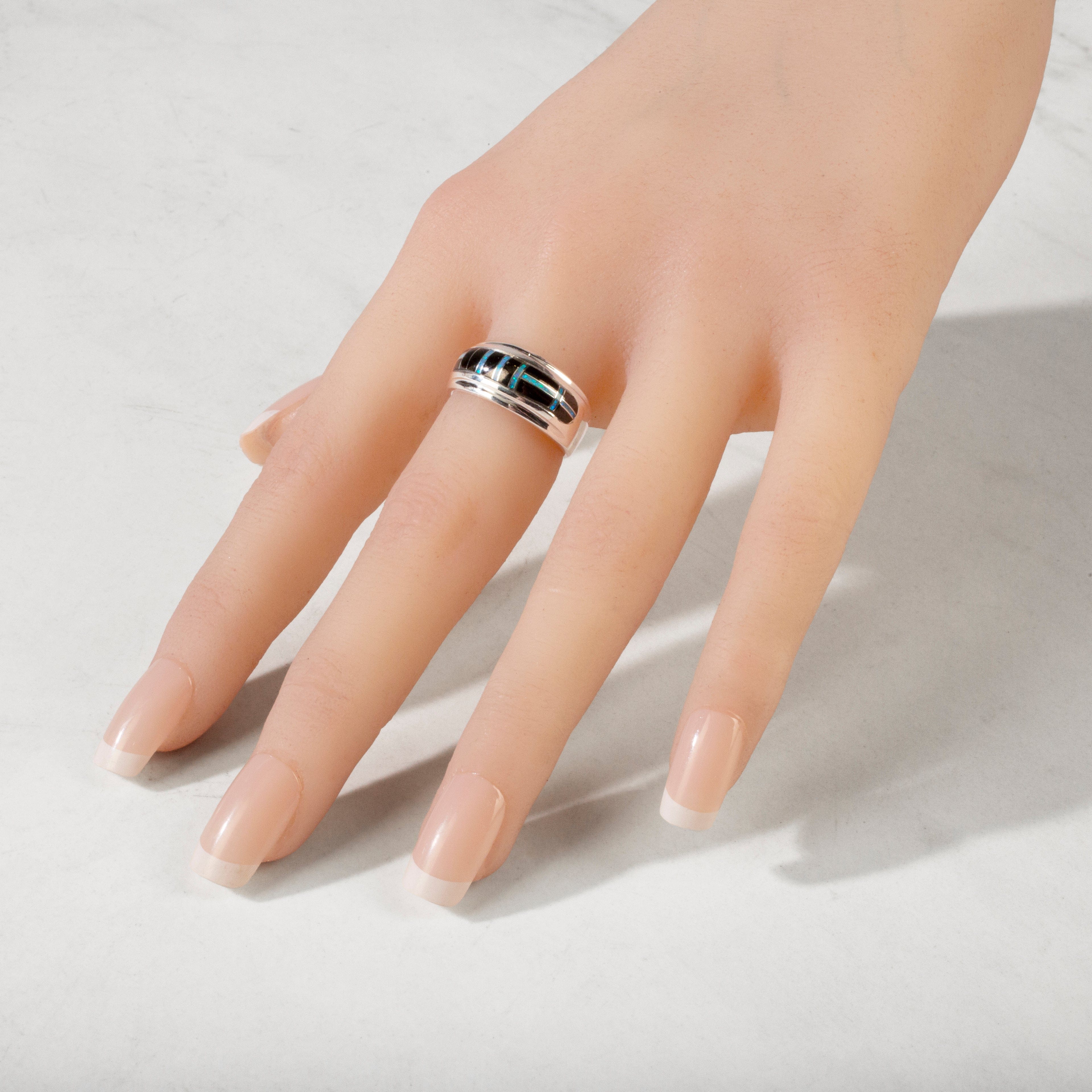 Kalifano Southwest Silver Jewelry Black Onyx 925 Sterling Silver Ring Handmade with Laboratory Opal Accent