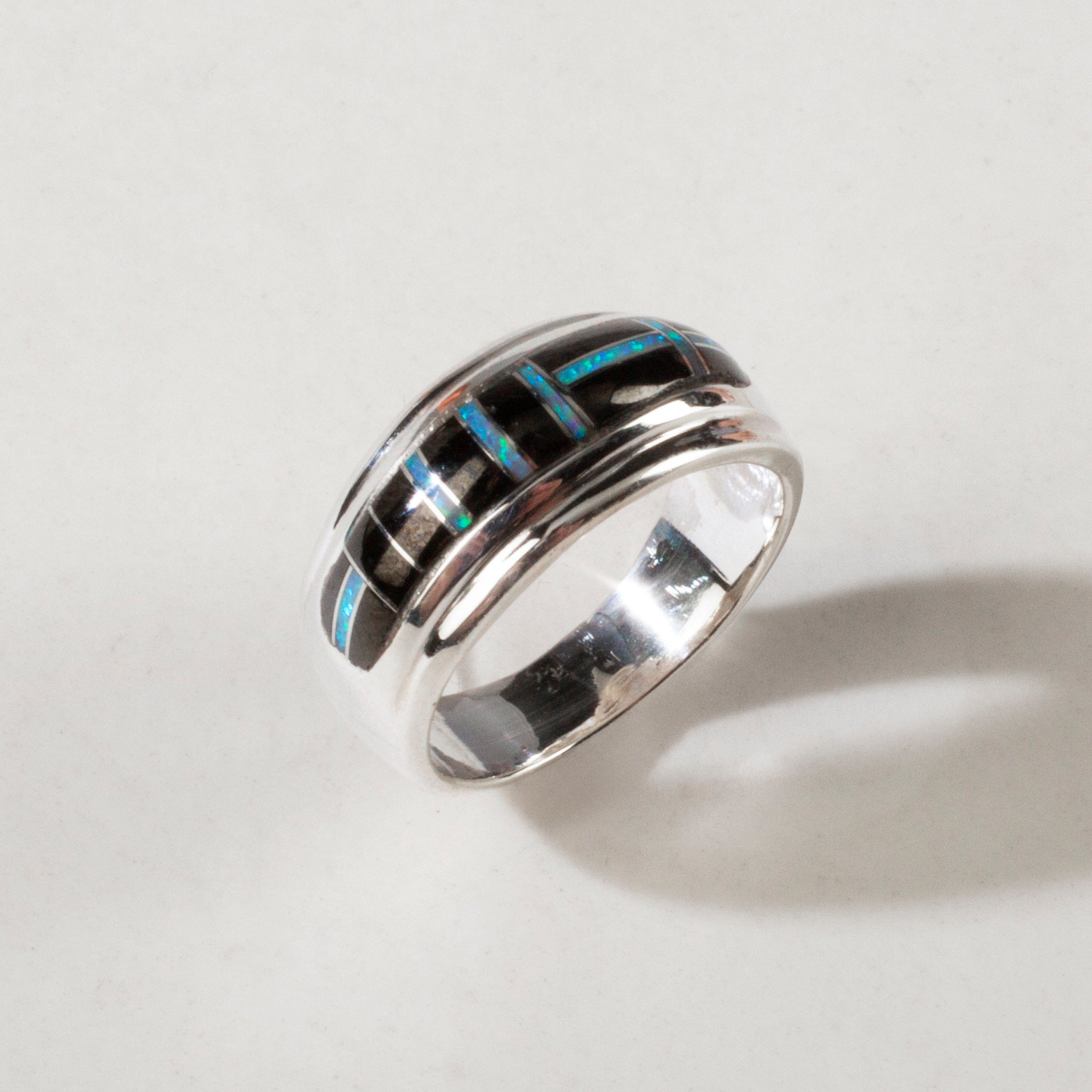 Kalifano Southwest Silver Jewelry Black Onyx 925 Sterling Silver Ring Handmade with Laboratory Opal Accent