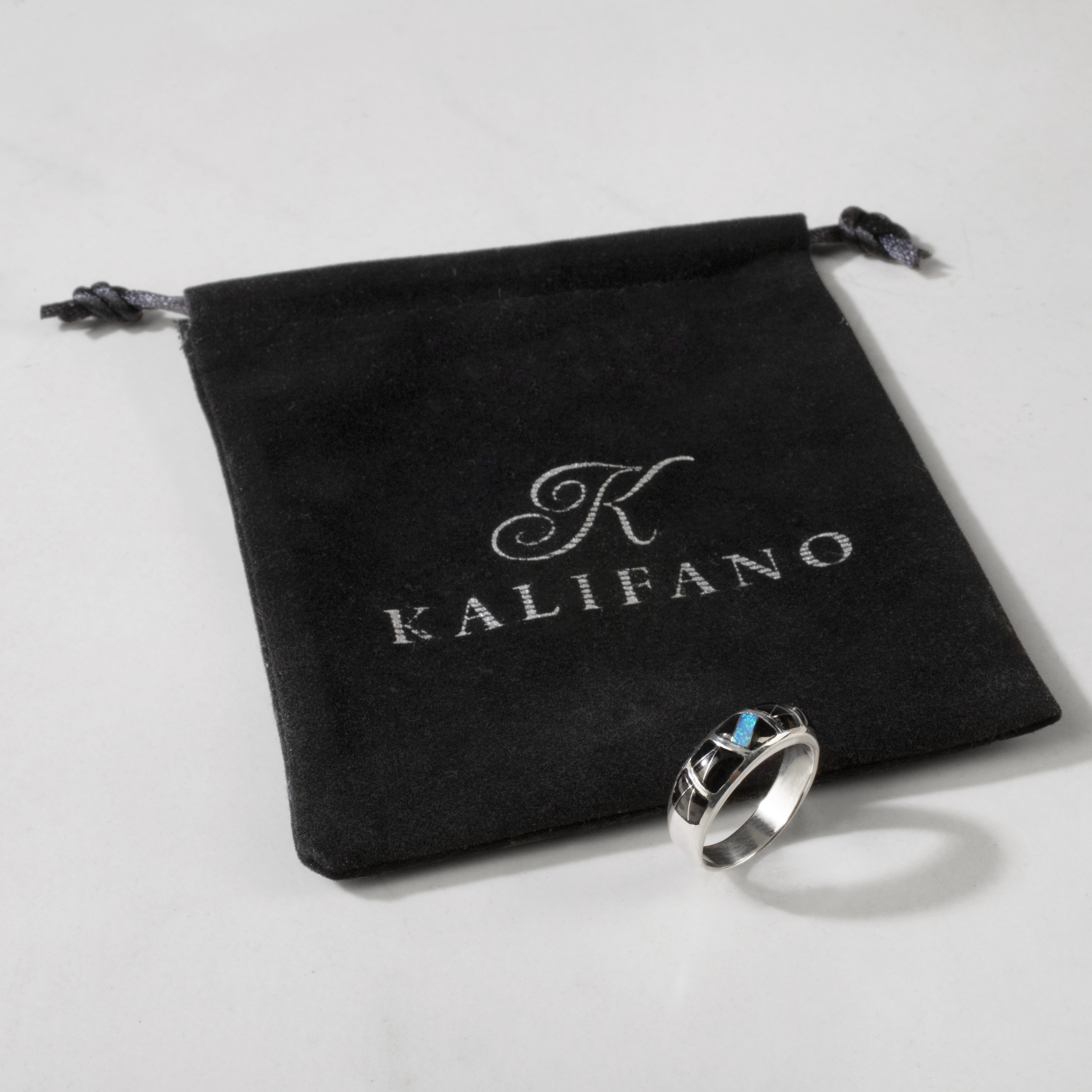Kalifano Southwest Silver Jewelry Black Onyx 925 Sterling Silver Ring Handmade with Laboratory Opal Accent