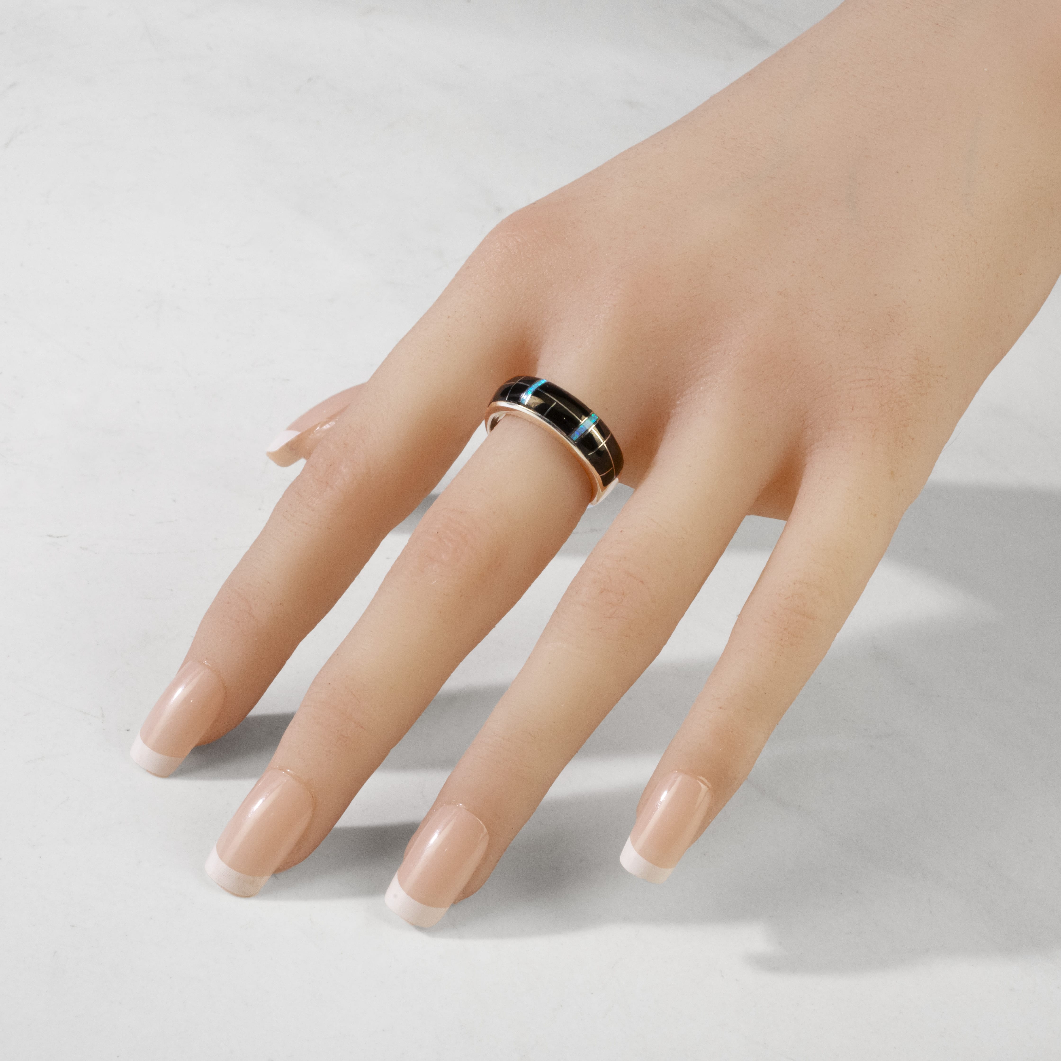 Kalifano Southwest Silver Jewelry Black Onyx 925 Sterling Silver Ring USA Handmade with Laboratory Opal Accent
