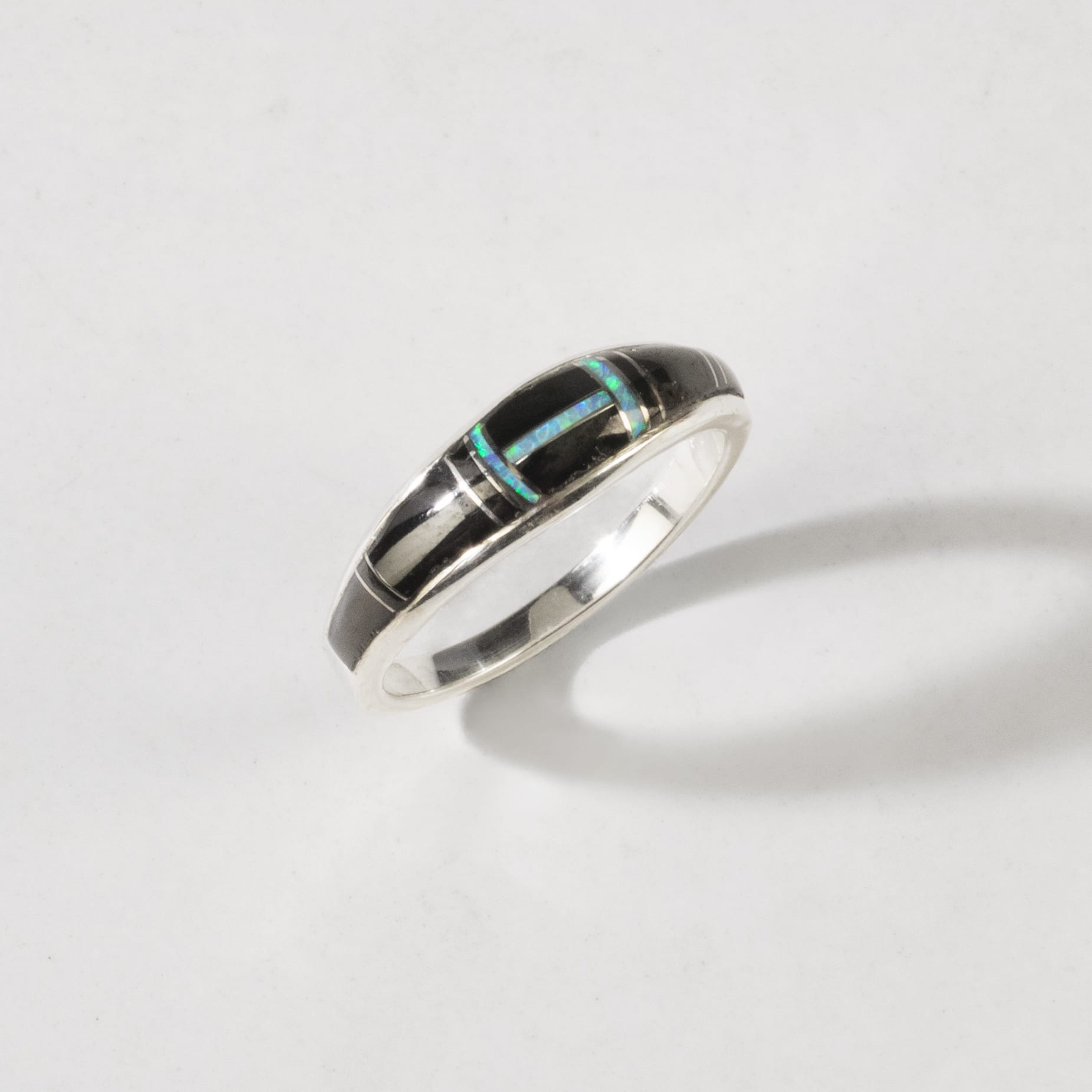 Kalifano Southwest Silver Jewelry Black Onyx 925 Sterling Silver Ring USA Handmade with Labratory Opal Accent