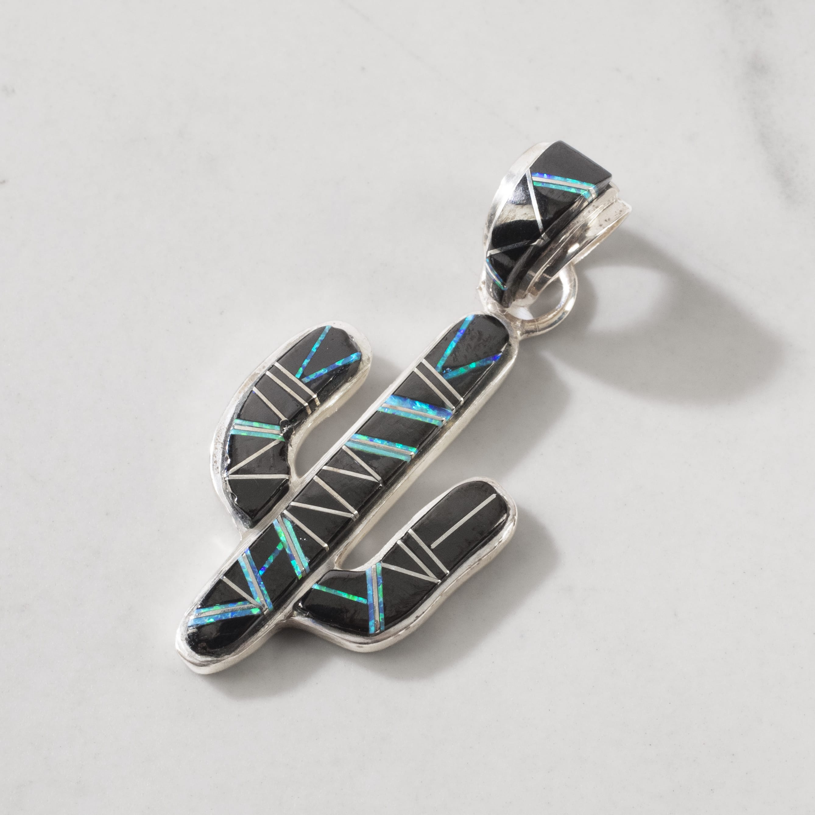 Kalifano Southwest Silver Jewelry Black Onyx Cactus 925 Sterling Silver Pendant USA Handmade with Opal Accent NMN.0602.BO