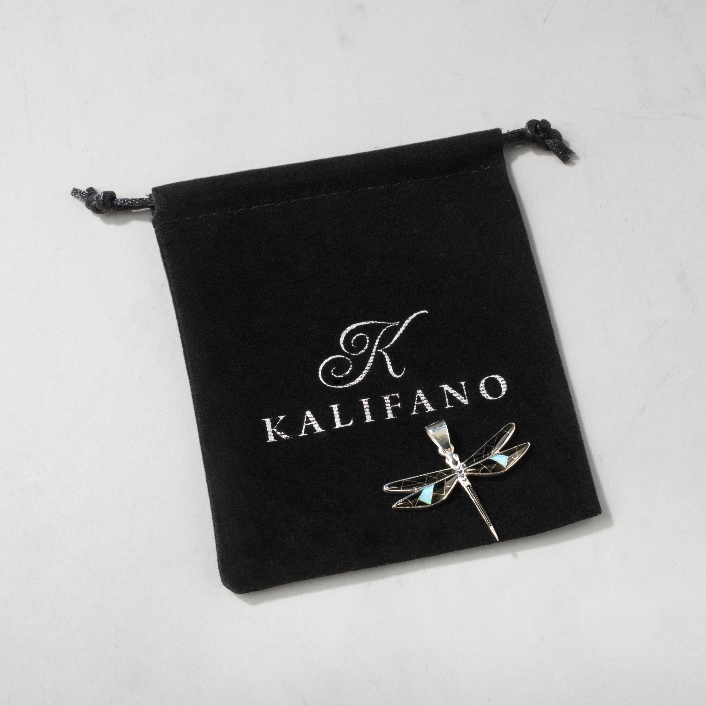 Kalifano Southwest Silver Jewelry Black Onyx Dragonfly 925 Sterling Silver USA Handmade Pendant with Opal Accent NMN.2296S.BO