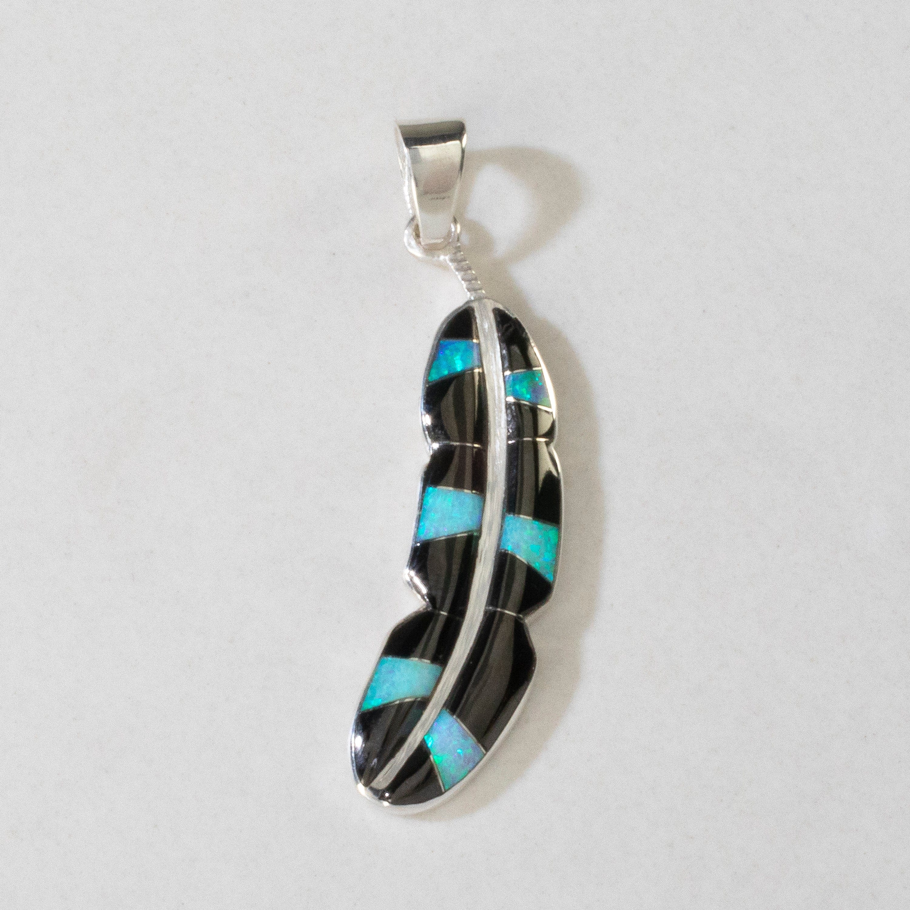 Kalifano Southwest Silver Jewelry Black Onyx Feather 925 Sterling Silver Pendant USA Handmade with Opal Accent NMN.2312.BO