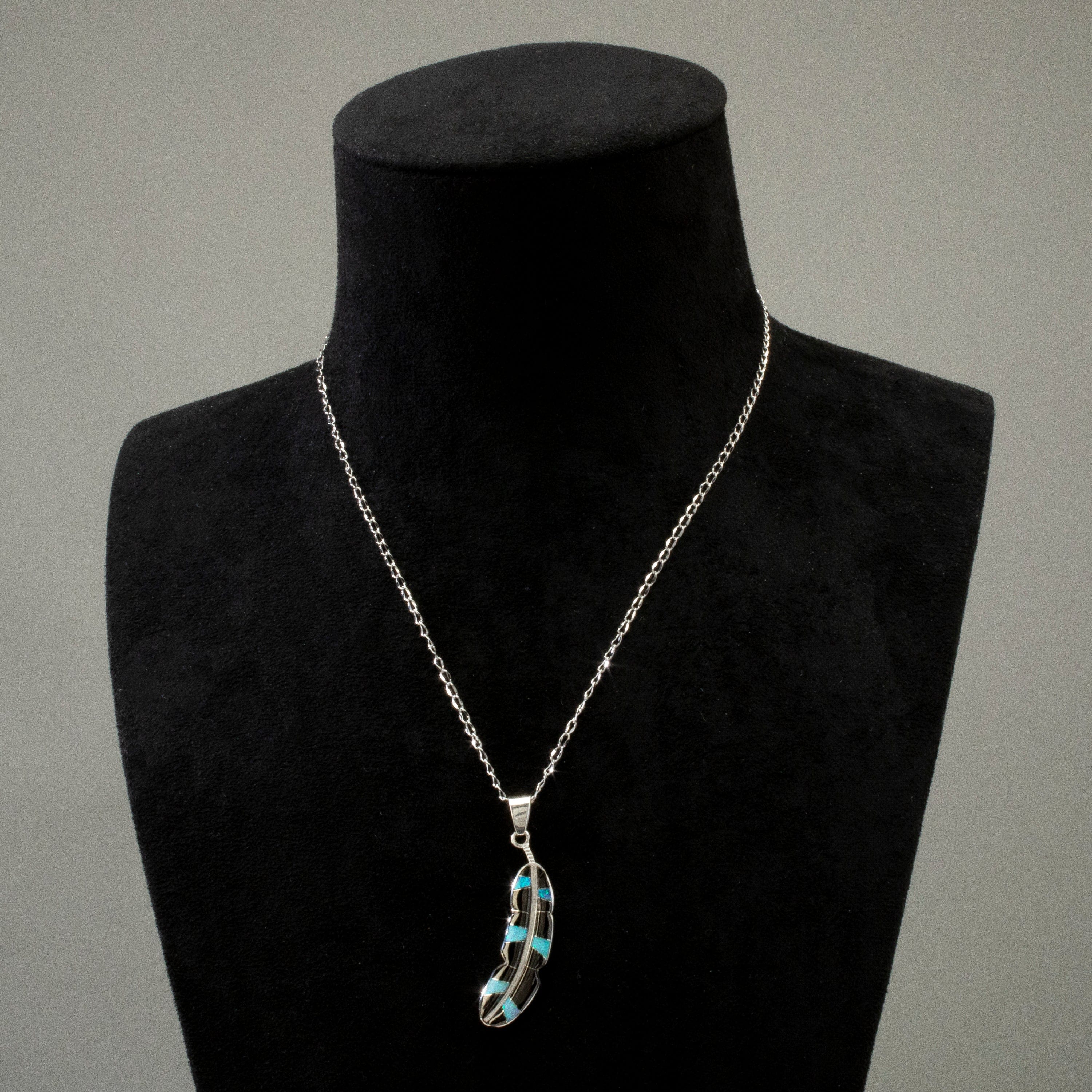 Kalifano Southwest Silver Jewelry Black Onyx Feather 925 Sterling Silver Pendant USA Handmade with Opal Accent NMN.2312.BO