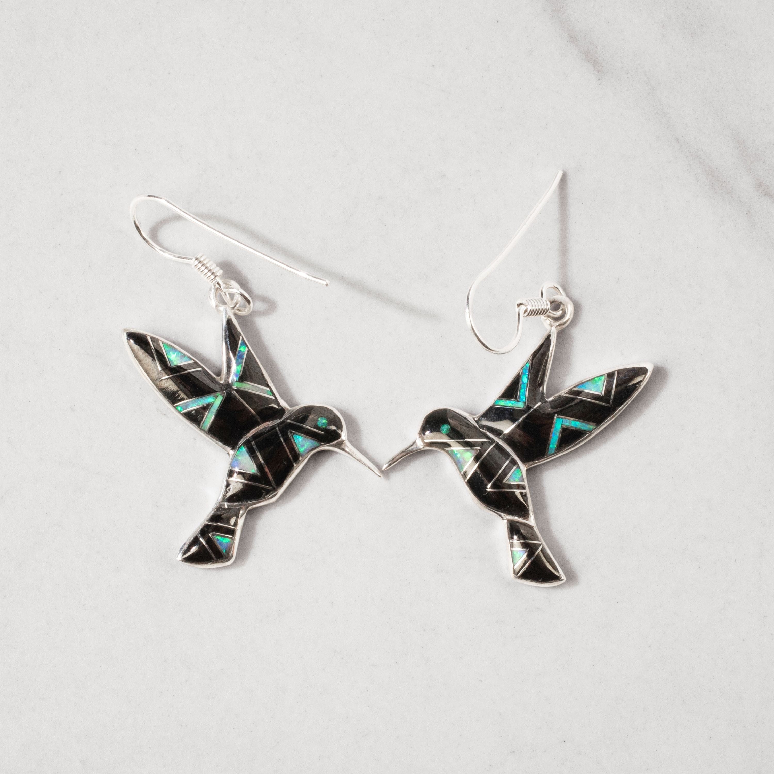 Kalifano Southwest Silver Jewelry Black Onyx Hummingbird 925 Sterling Silver USA Handmade Earrings with French Hook NME.2323.BO