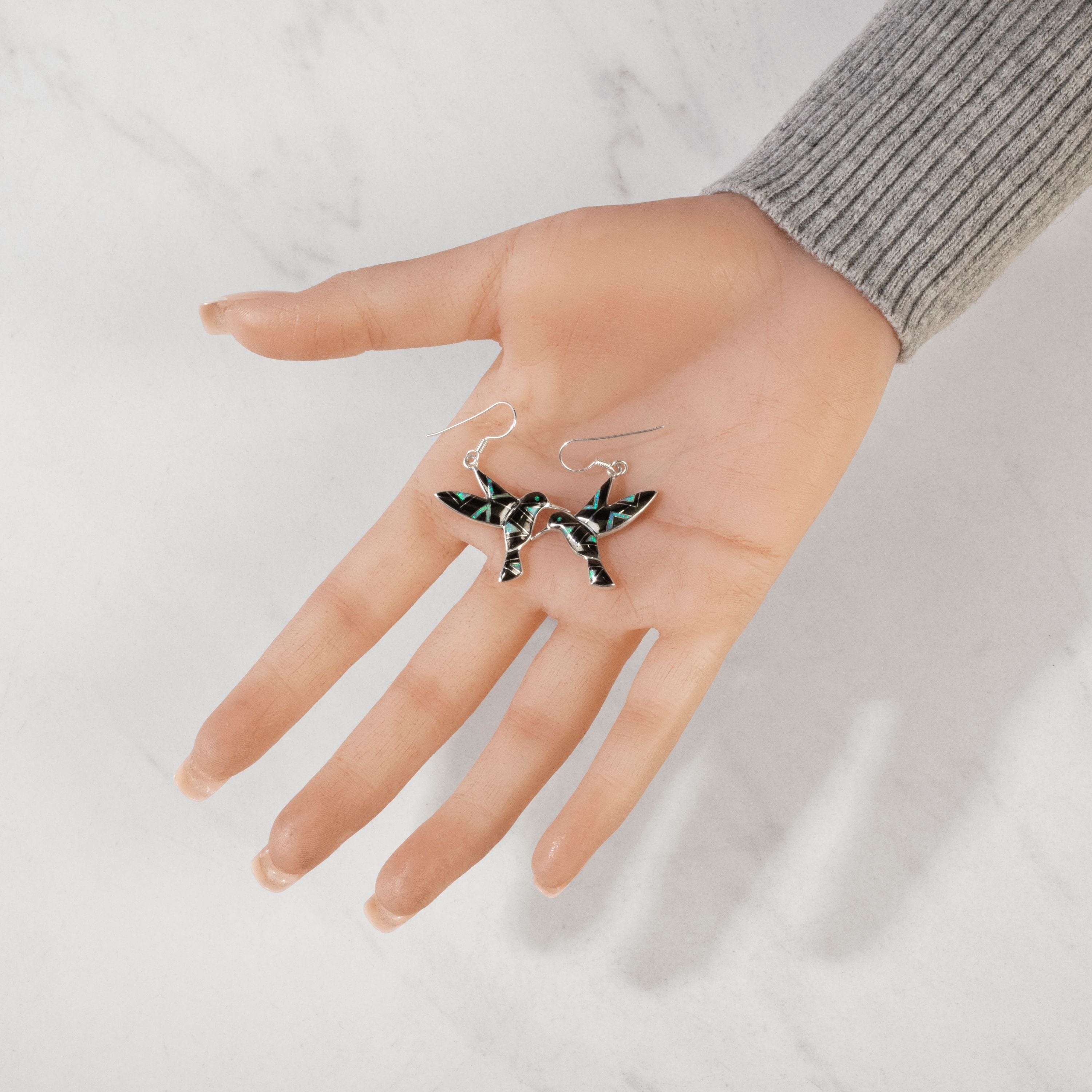 Kalifano Southwest Silver Jewelry Black Onyx Hummingbird 925 Sterling Silver USA Handmade Earrings with French Hook NME.2323.BO