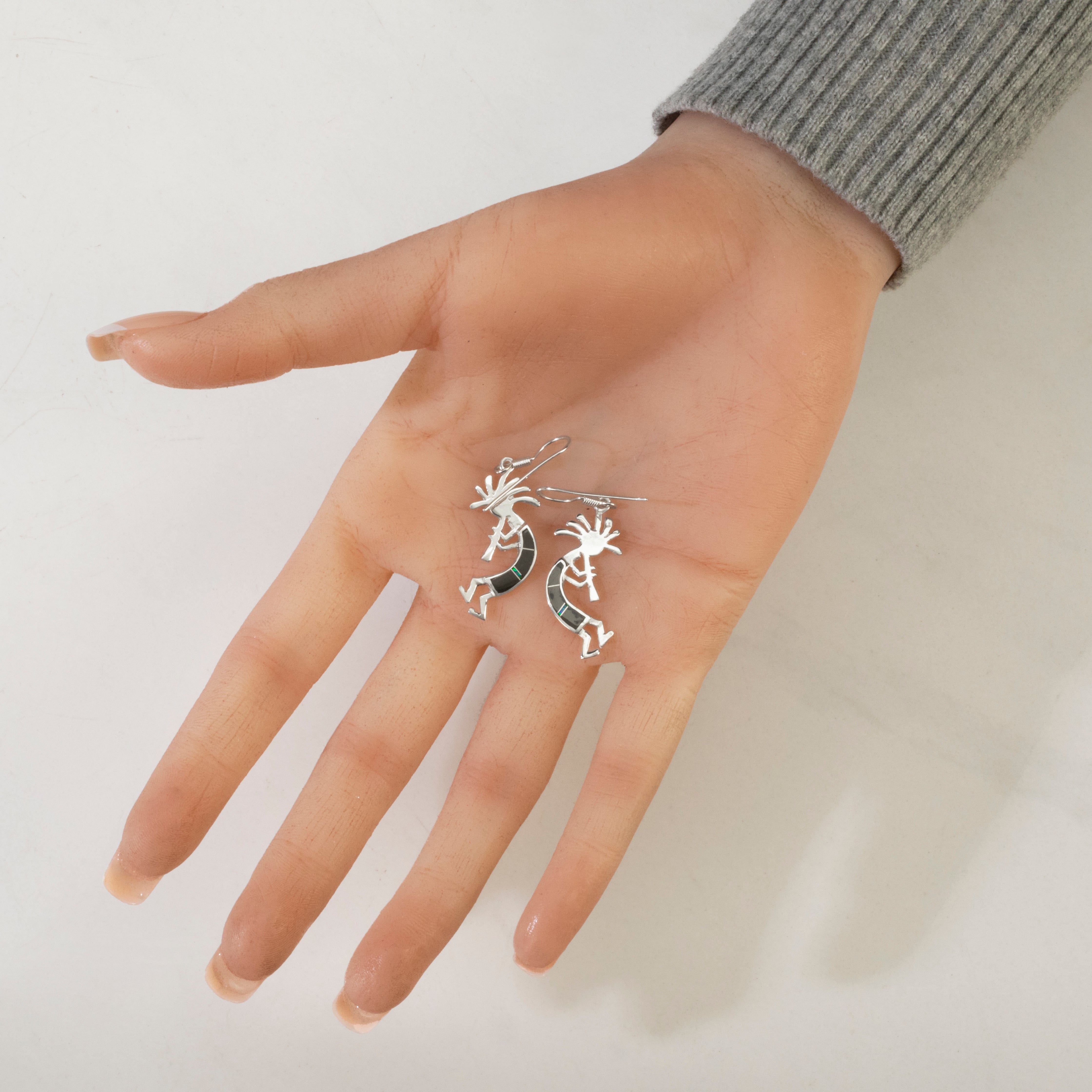 Kalifano Southwest Silver Jewelry Black Onyx Kokopelli USA Handmade 925 Sterling Silver Earrings with French Hook NME.2150.BO