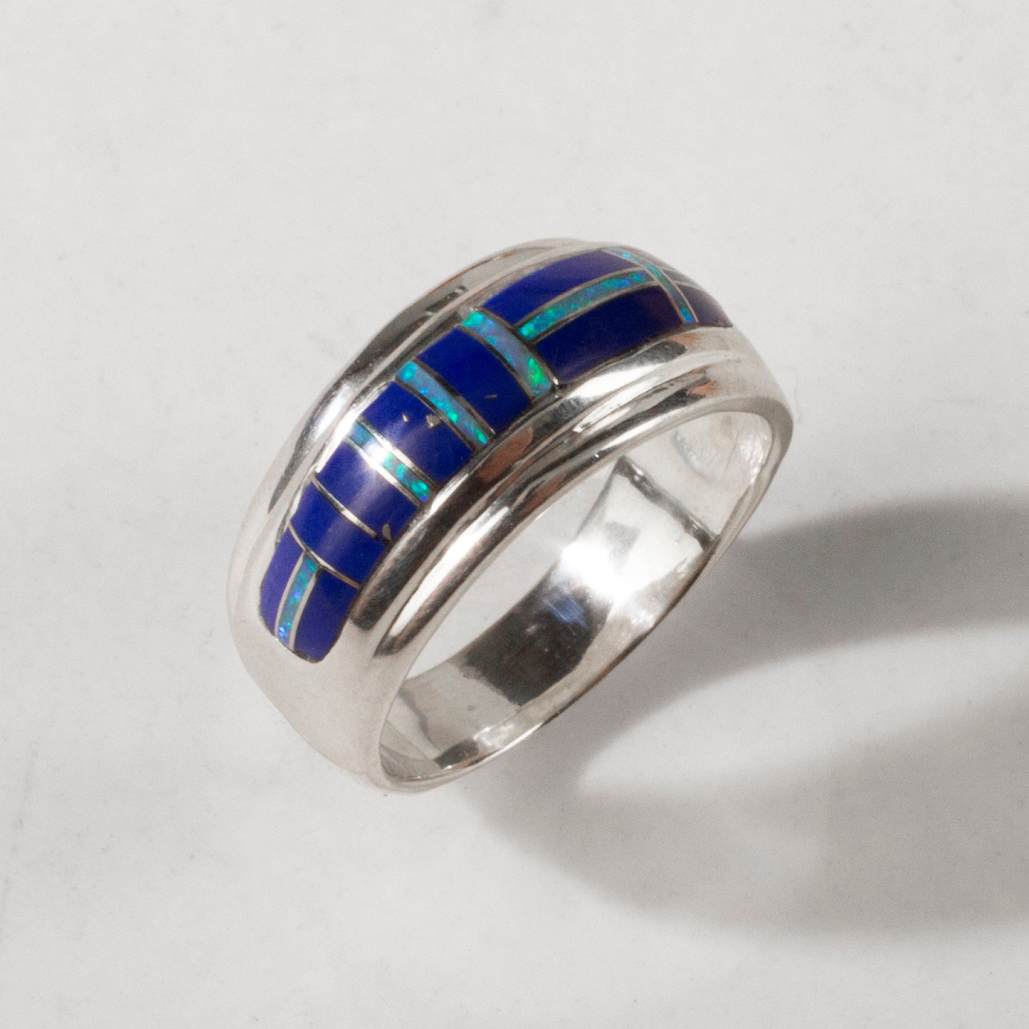 Kalifano Southwest Silver Jewelry Lapis 925 Sterling Silver Ring Handmade with Laboratory Opal Accent