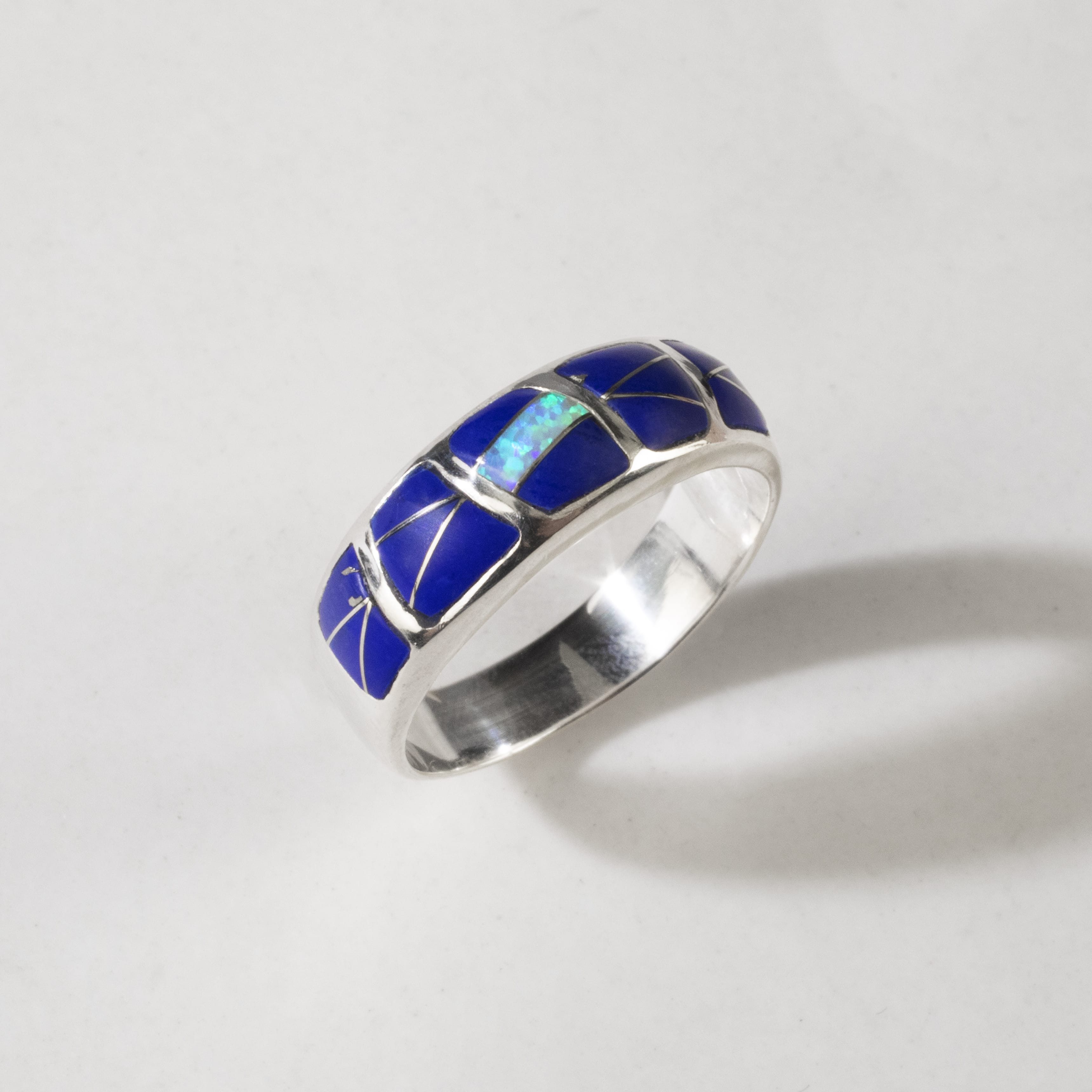 Kalifano Southwest Silver Jewelry Lapis 925 Sterling Silver Ring Handmade with Laboratory Opal Accent