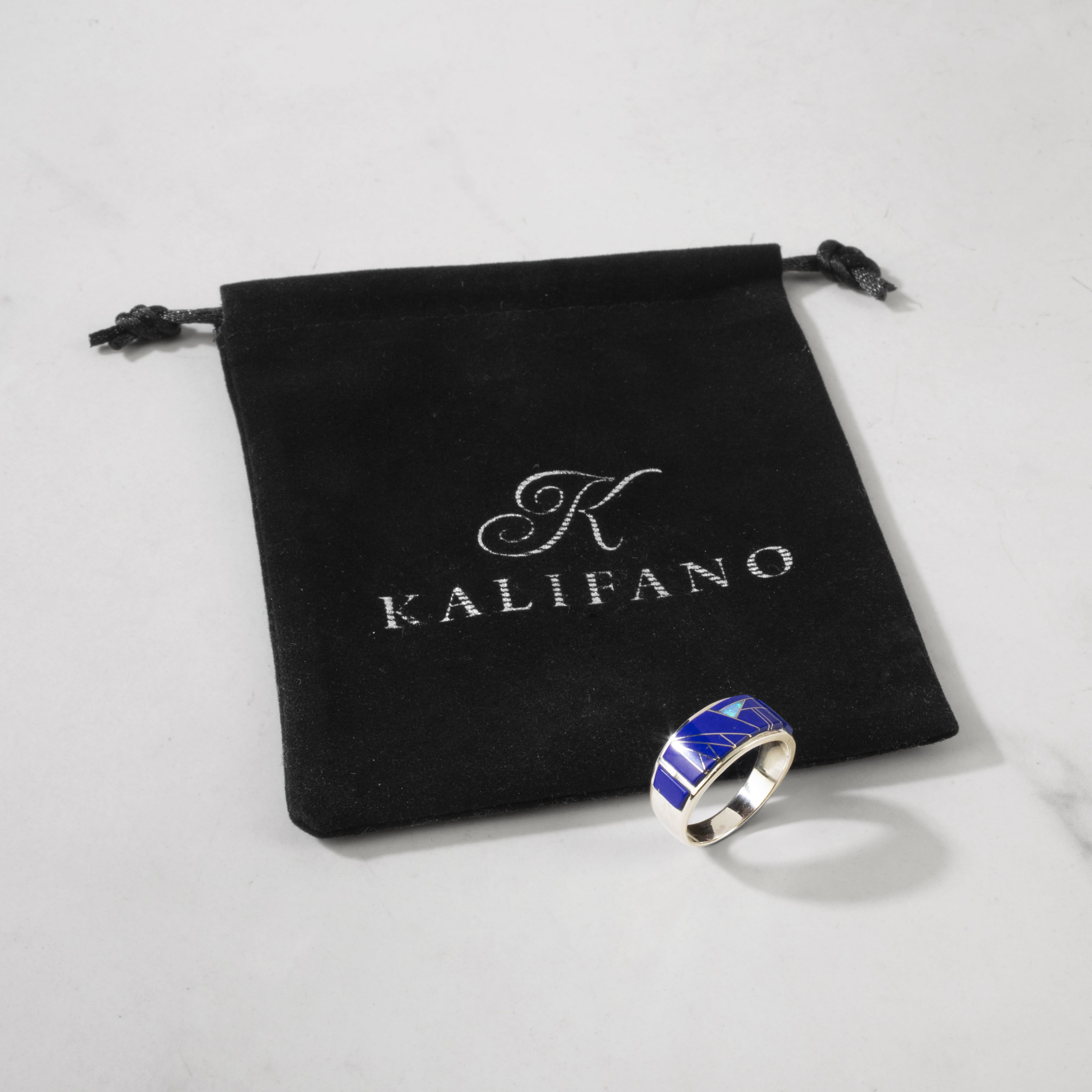 Kalifano Southwest Silver Jewelry Lapis 925 Sterling Silver Ring USA Handmade with Laboratory Opal Accent