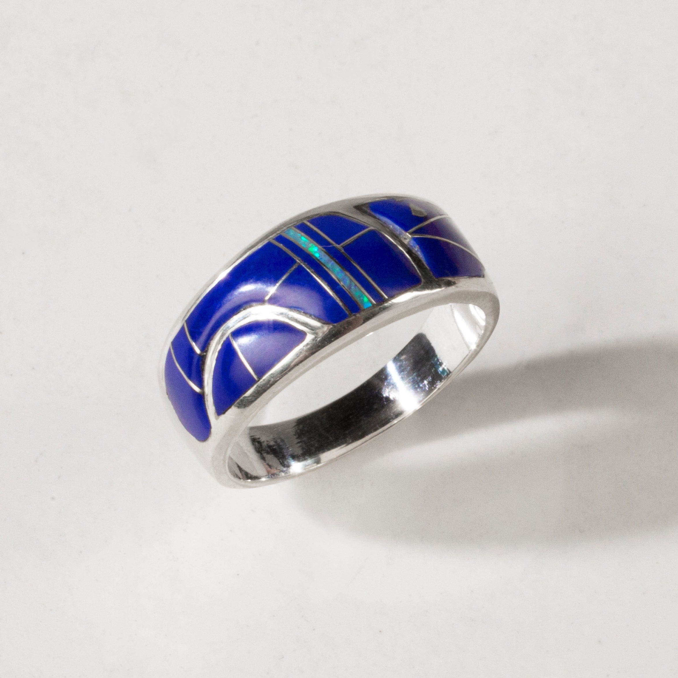 Kalifano Southwest Silver Jewelry Lapis 925 Sterling Silver Ring USA Handmade with Labratory Opal Accent