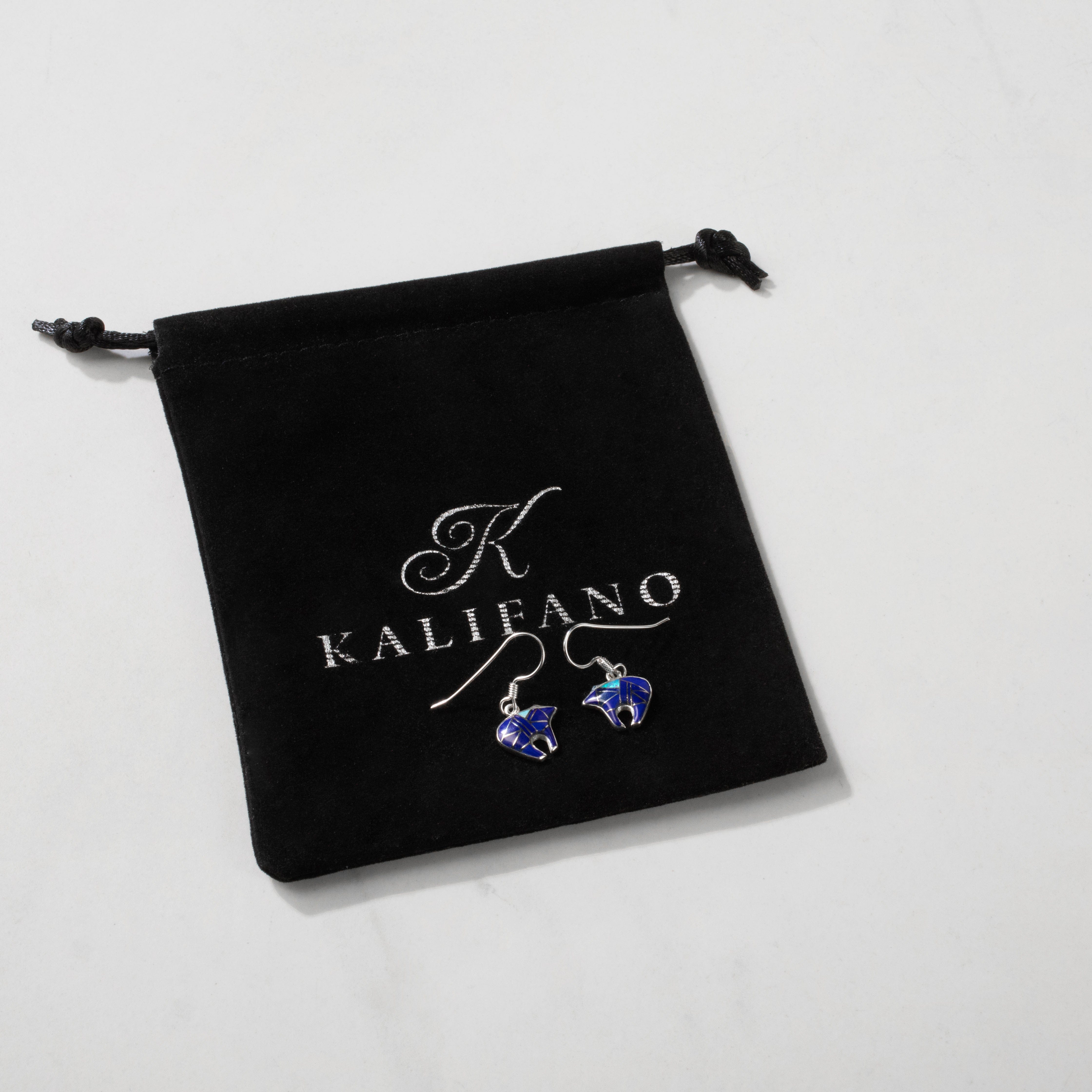 Kalifano Southwest Silver Jewelry Lapis Bear 925 Sterling Silver USA Handmade Earring with French Hook NME.2116.LP