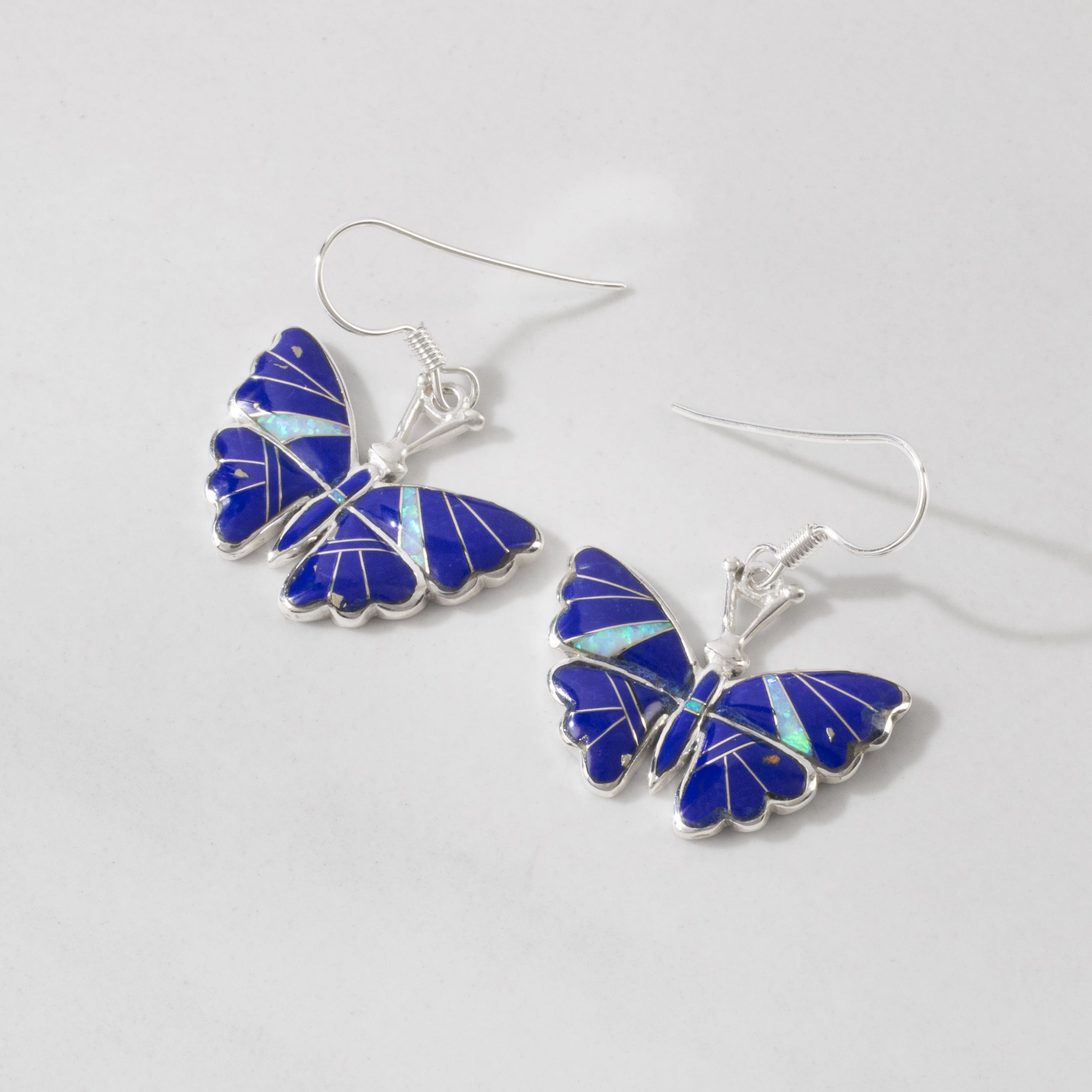 KALIFANO Southwest Silver Jewelry Lapis Butterfly Sterling Silver Earrings with French Hook USA Handmade with Opal Accent NME.2336.LP
