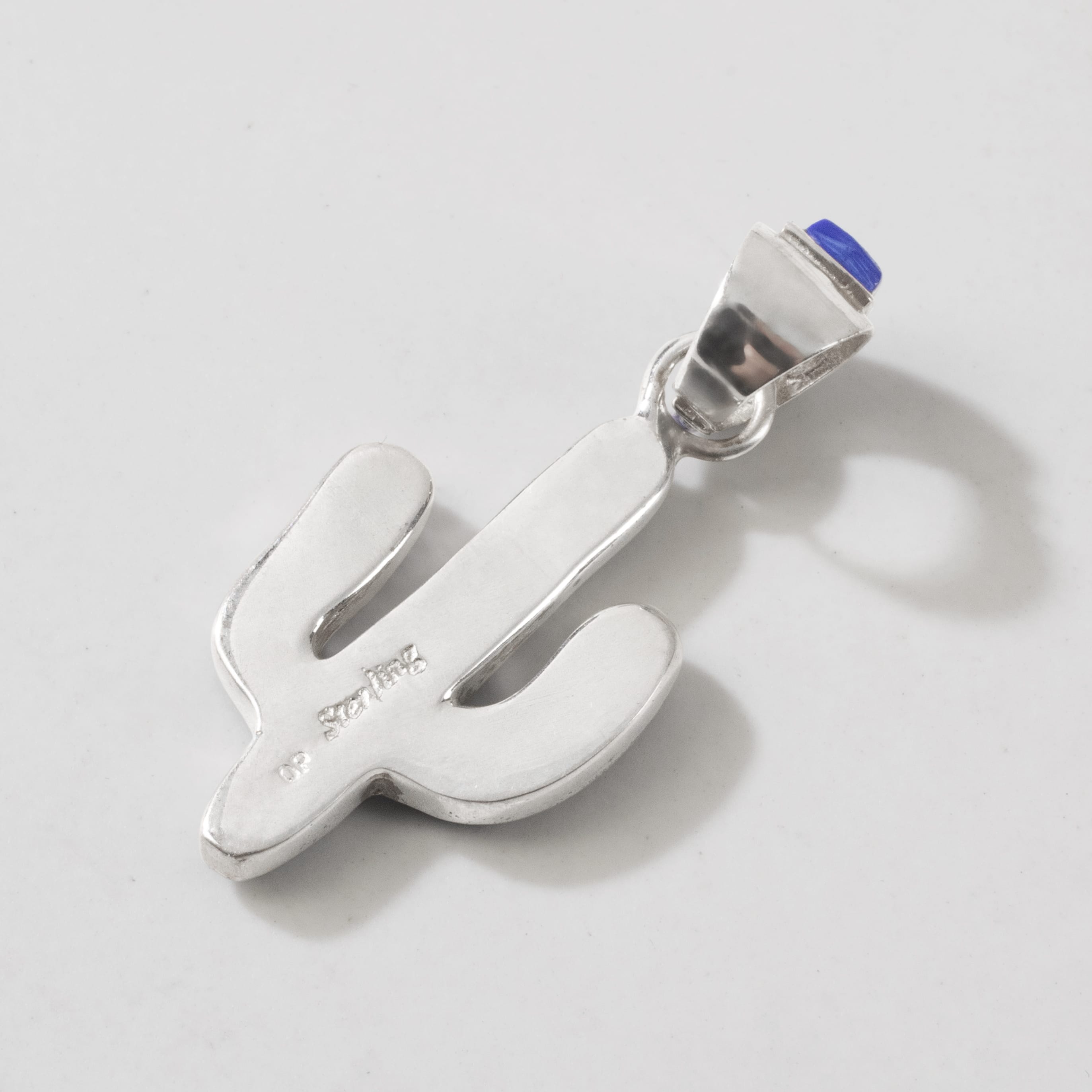 Kalifano Southwest Silver Jewelry Lapis Cactus 925 Sterling Silver Pendant USA Handmade with Aqua Opal Accent NMN.0602.LP