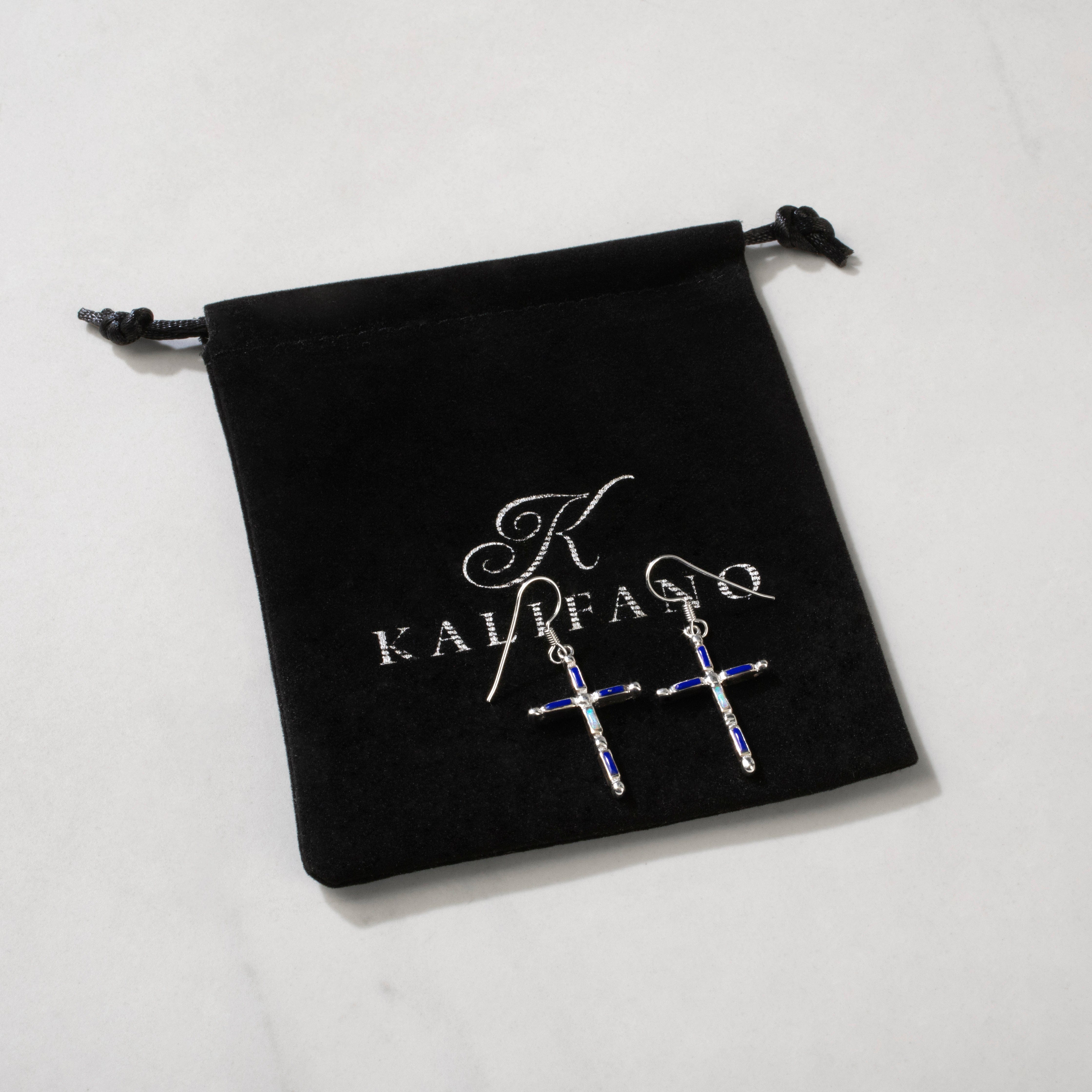 Kalifano Southwest Silver Jewelry Lapis Cross 925 Sterling Silver USA Handmade Earring with French Hook NME.2128.LP