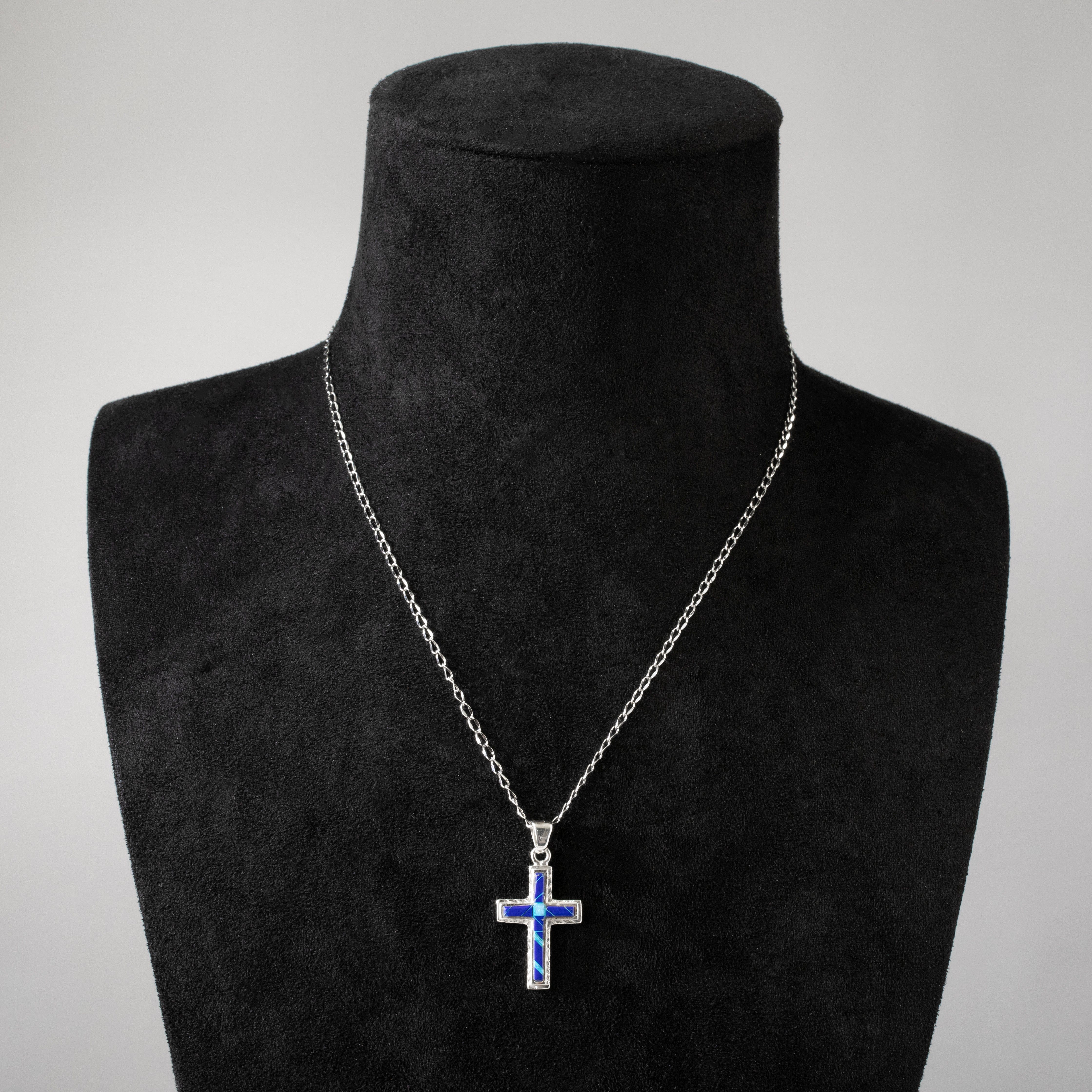 Kalifano Southwest Silver Jewelry Lapis Cross 925 Sterling Silver USA Handmade Pendant with Opal Accent NMN.2054S.LP