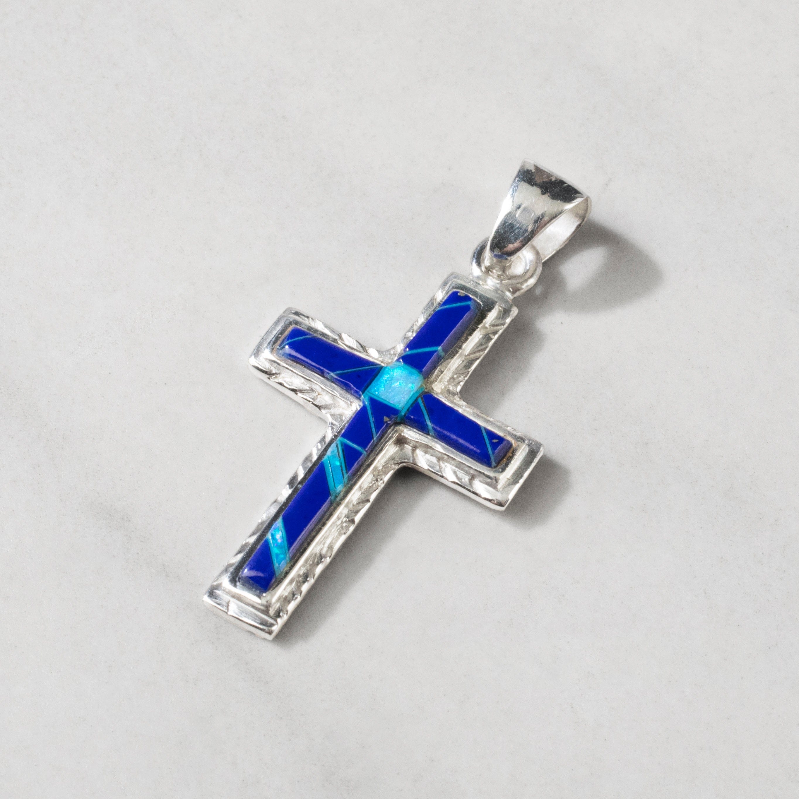 Kalifano Southwest Silver Jewelry Lapis Cross 925 Sterling Silver USA Handmade Pendant with Opal Accent NMN.2054S.LP