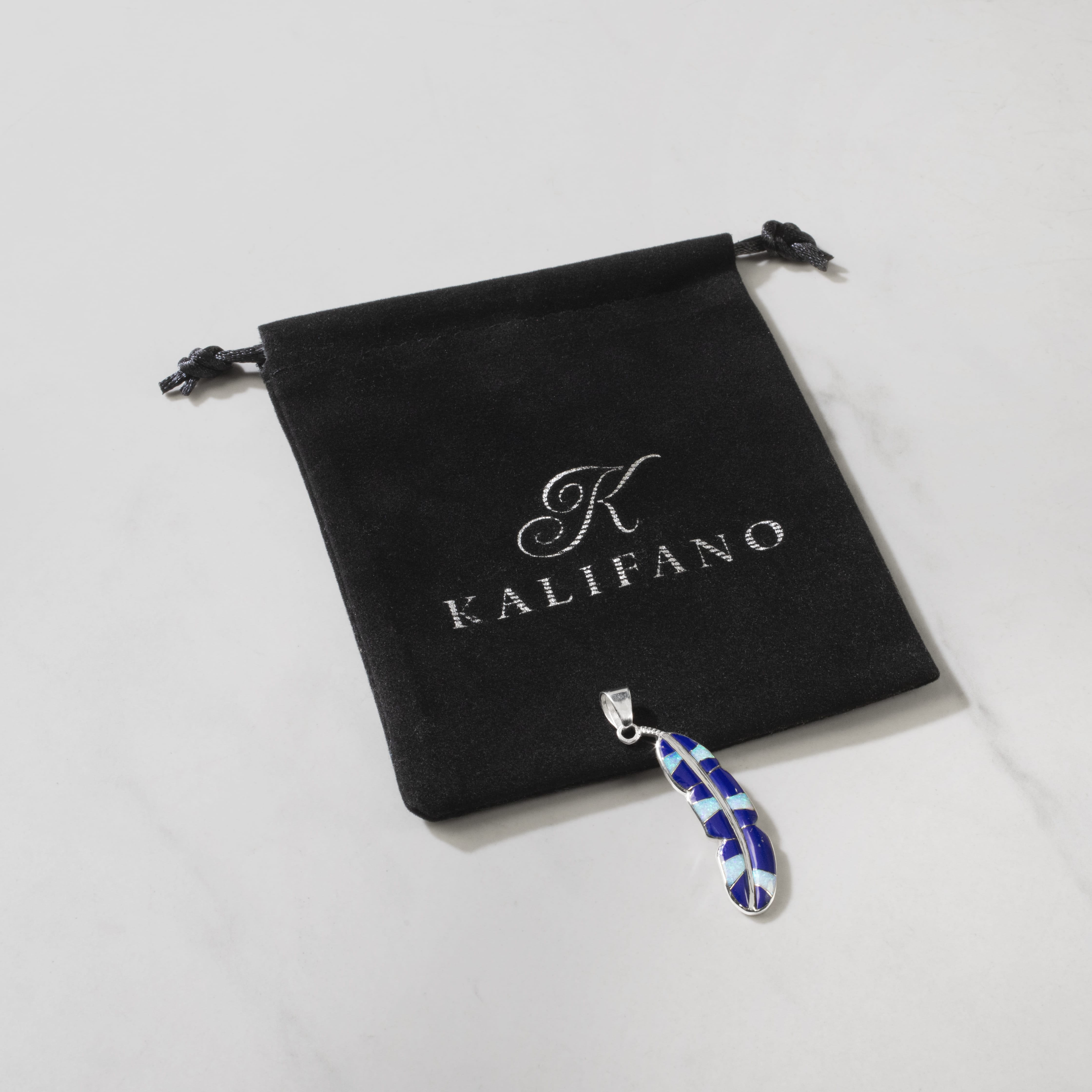Kalifano Southwest Silver Jewelry Lapis Feather 925 Sterling Silver Pendant USA Handmade with Opal Accent NMN.2312.LP
