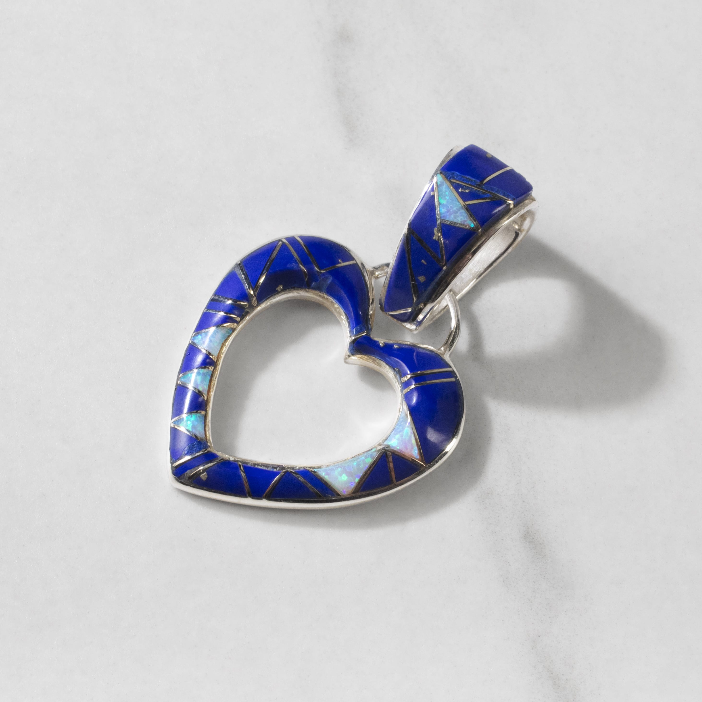 KALIFANO Southwest Silver Jewelry Lapis Heart USA Handmade with 925 Sterling Silver Pendant and Opal Accent NMN.2165.LP