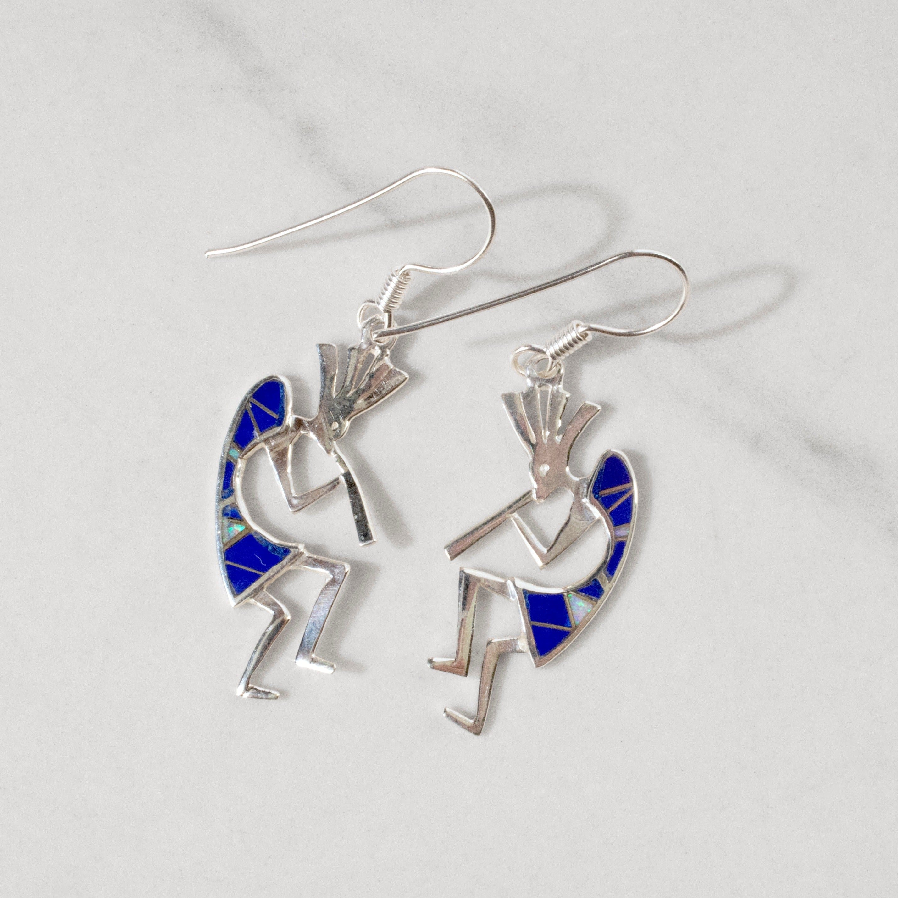 Kalifano Southwest Silver Jewelry Lapis Kokopelli 925 Sterling Silver USA Handmade Earring with French Hook NME.2155.LP