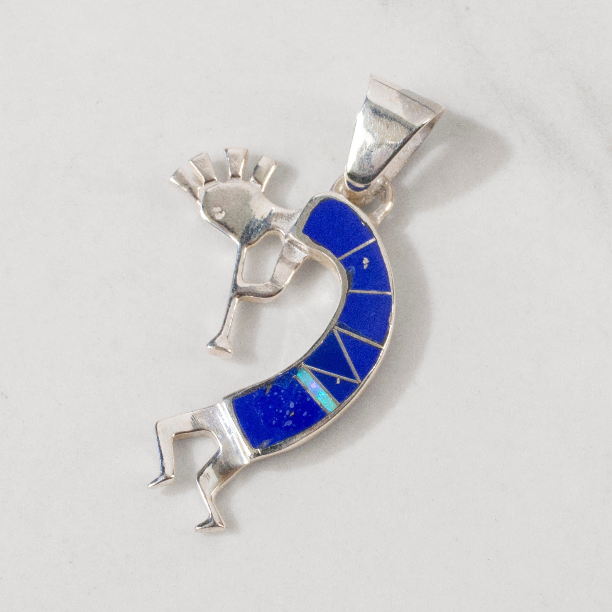 Kalifano Southwest Silver Jewelry Lapis Kokopelli USA Handmade 925 Sterling Silver Pendant with Opal Accent NMN.0607.LP